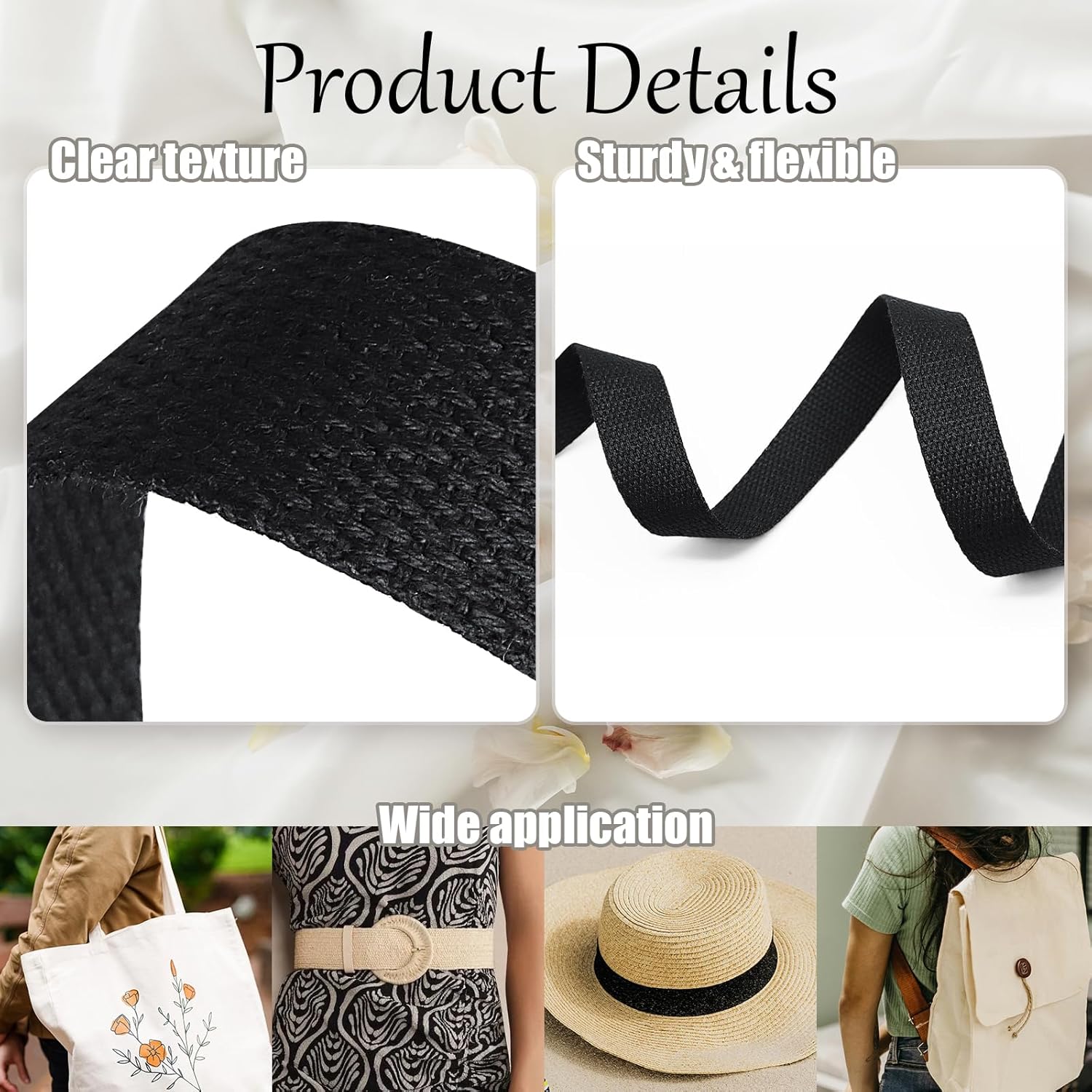 Biaungdo 1 Inch 12 Yards Cotton Webbing Straps, Black Polyester Weave Webbing for Bags Handles, Tote Bag, Purse Straps, Cloth Belt, Sewing DIY Crafts Bags Making - Image 3