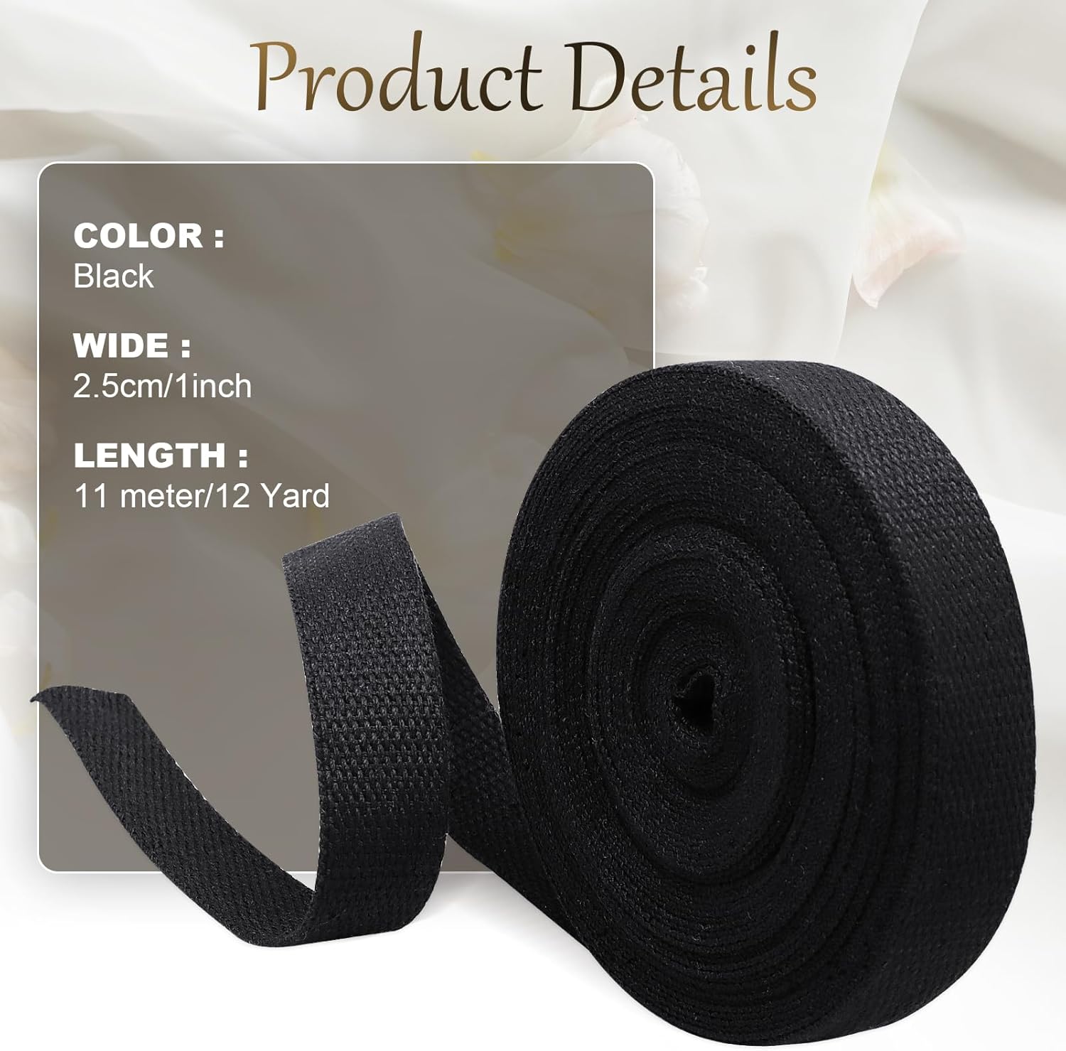 Biaungdo 1 Inch 12 Yards Cotton Webbing Straps, Black Polyester Weave Webbing for Bags Handles, Tote Bag, Purse Straps, Cloth Belt, Sewing DIY Crafts Bags Making - Image 4