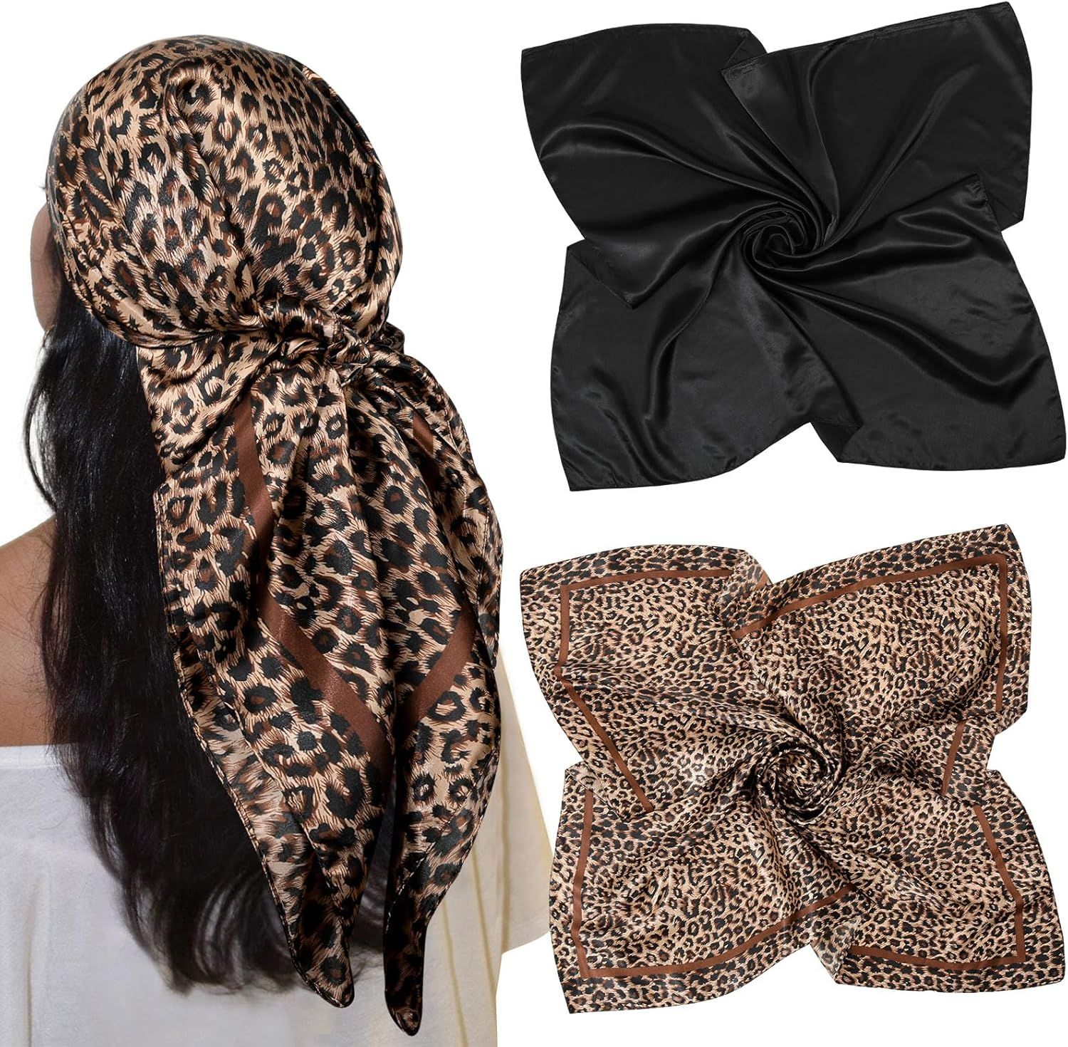 35” Large Satin Square Head Scar - 2Pcs Silk Like loral Head Scarves Square Satin Hair Scar Bandanas or Women - Image 1