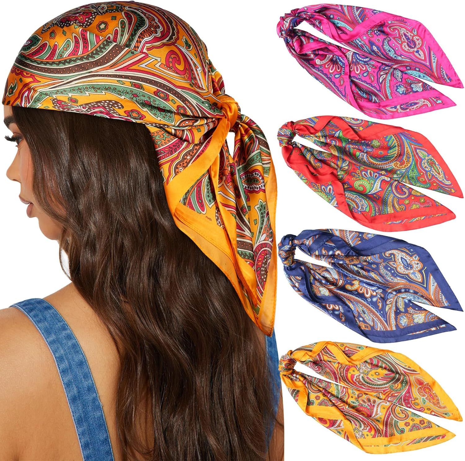 27.5” Silk Satin Square Head Scar - 4PCS Satin Head Scarves or Women Hair Kerchie Bandanas Sleeping Head Wraps - Image 1