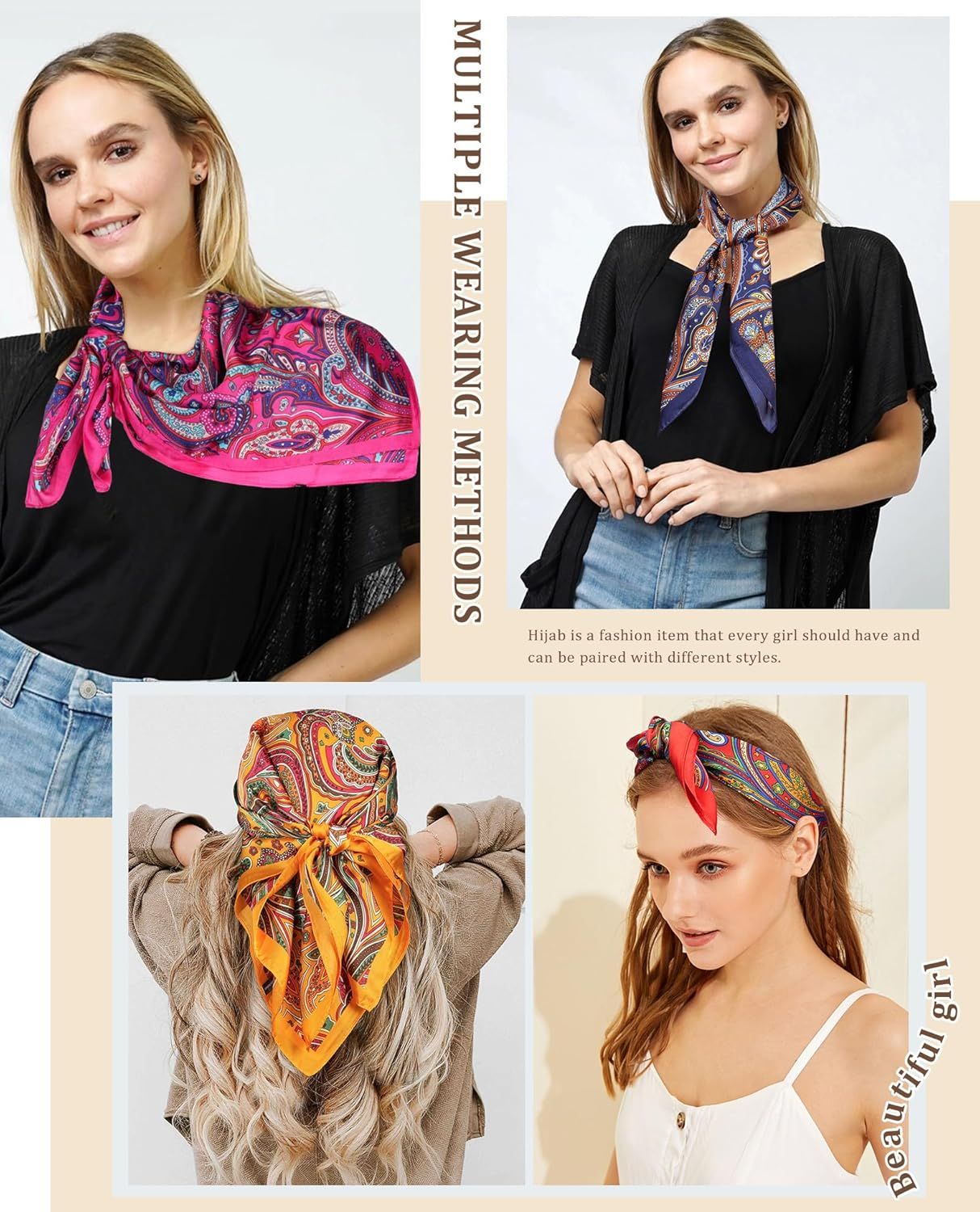 27.5” Silk Satin Square Head Scar - 4PCS Satin Head Scarves or Women Hair Kerchie Bandanas Sleeping Head Wraps - Image 5
