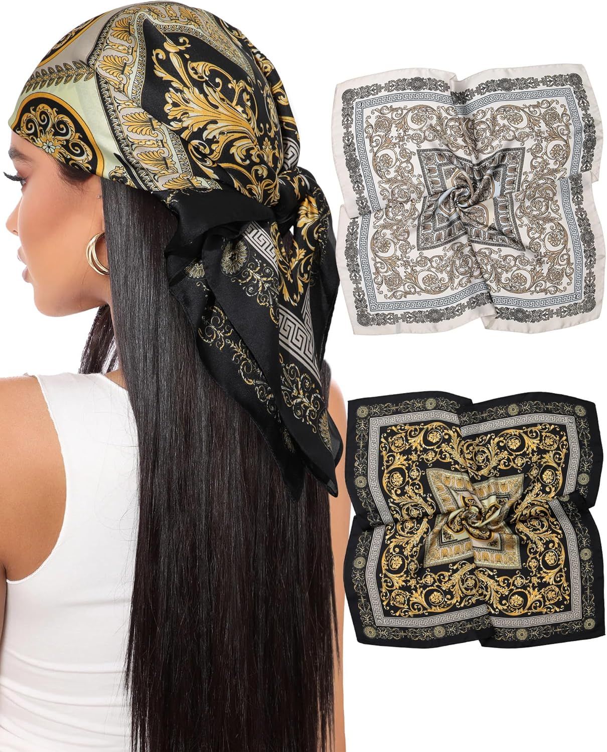 27.5” Satin Head Scar or Women Like Silk Scar Hair Bandanas Women 2Pcs Satin Neck Scar Headscar Hair Wrap - Image 1