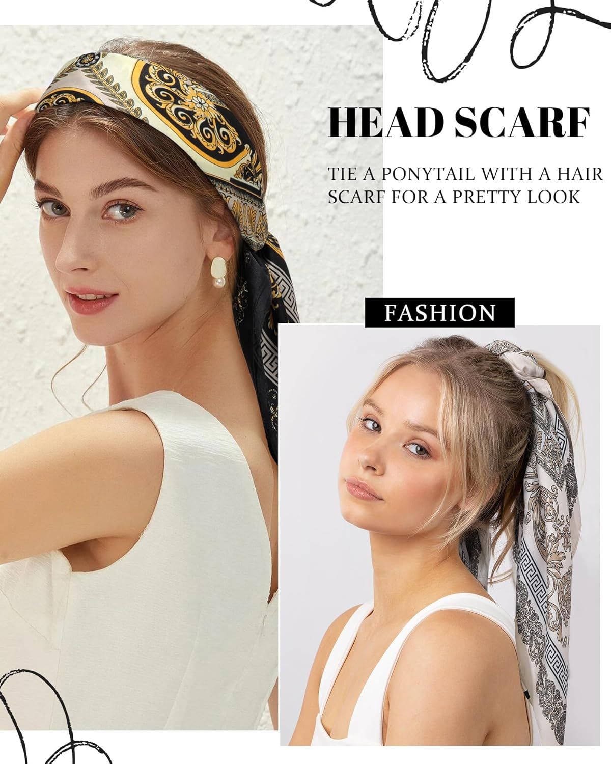 27.5” Satin Head Scar or Women Like Silk Scar Hair Bandanas Women 2Pcs Satin Neck Scar Headscar Hair Wrap - Image 7