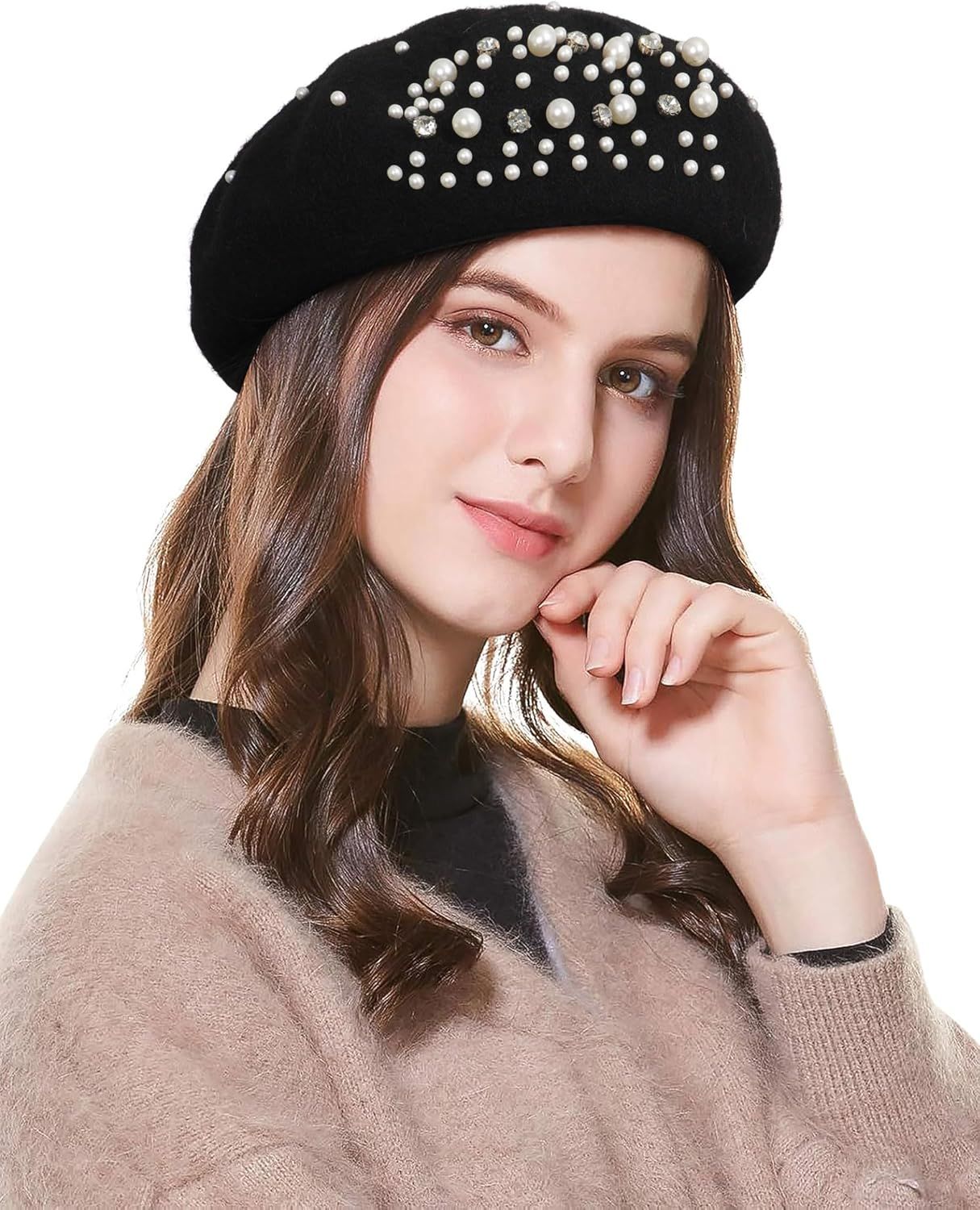 Classic rench Wool Beret with Pearl & Rhinestone Embellishments, Beanie Cap Style Hat or Women and Girls - Image 1