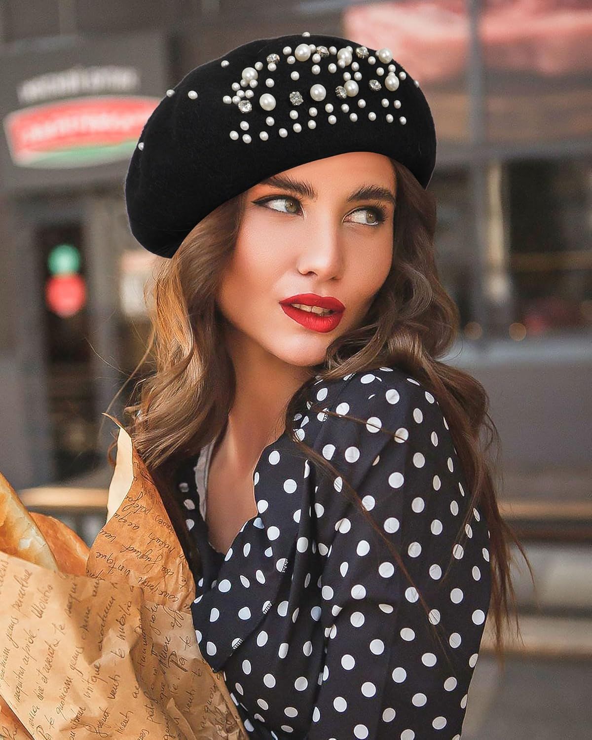 Classic rench Wool Beret with Pearl & Rhinestone Embellishments, Beanie Cap Style Hat or Women and Girls - Image 4