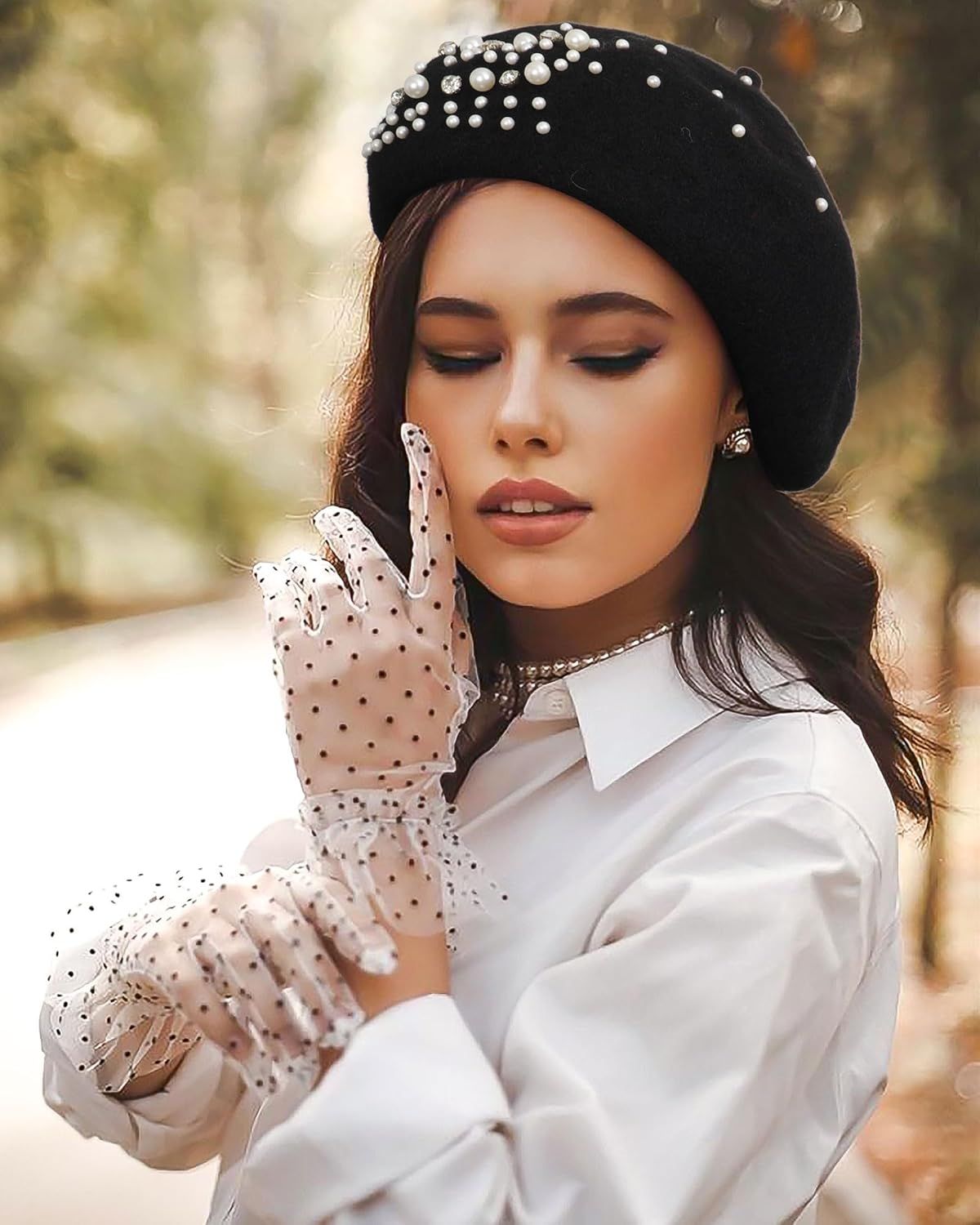 Classic rench Wool Beret with Pearl & Rhinestone Embellishments, Beanie Cap Style Hat or Women and Girls - Image 5