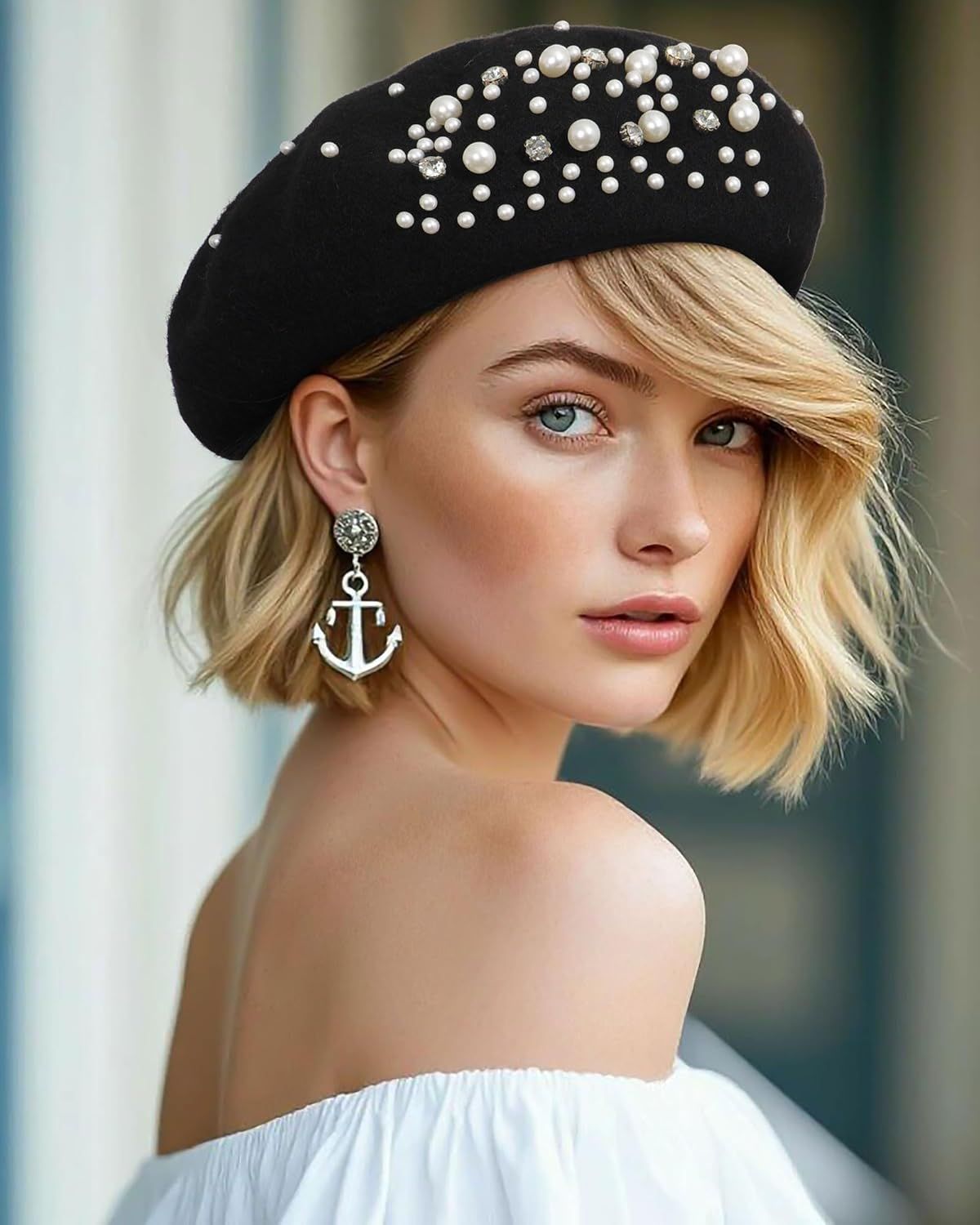 Classic rench Wool Beret with Pearl & Rhinestone Embellishments, Beanie Cap Style Hat or Women and Girls - Image 6