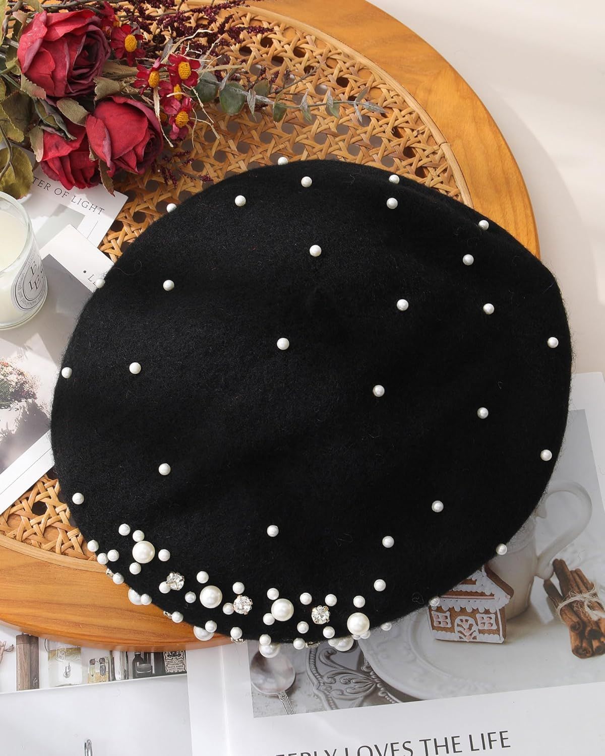 Classic rench Wool Beret with Pearl & Rhinestone Embellishments, Beanie Cap Style Hat or Women and Girls - Image 7