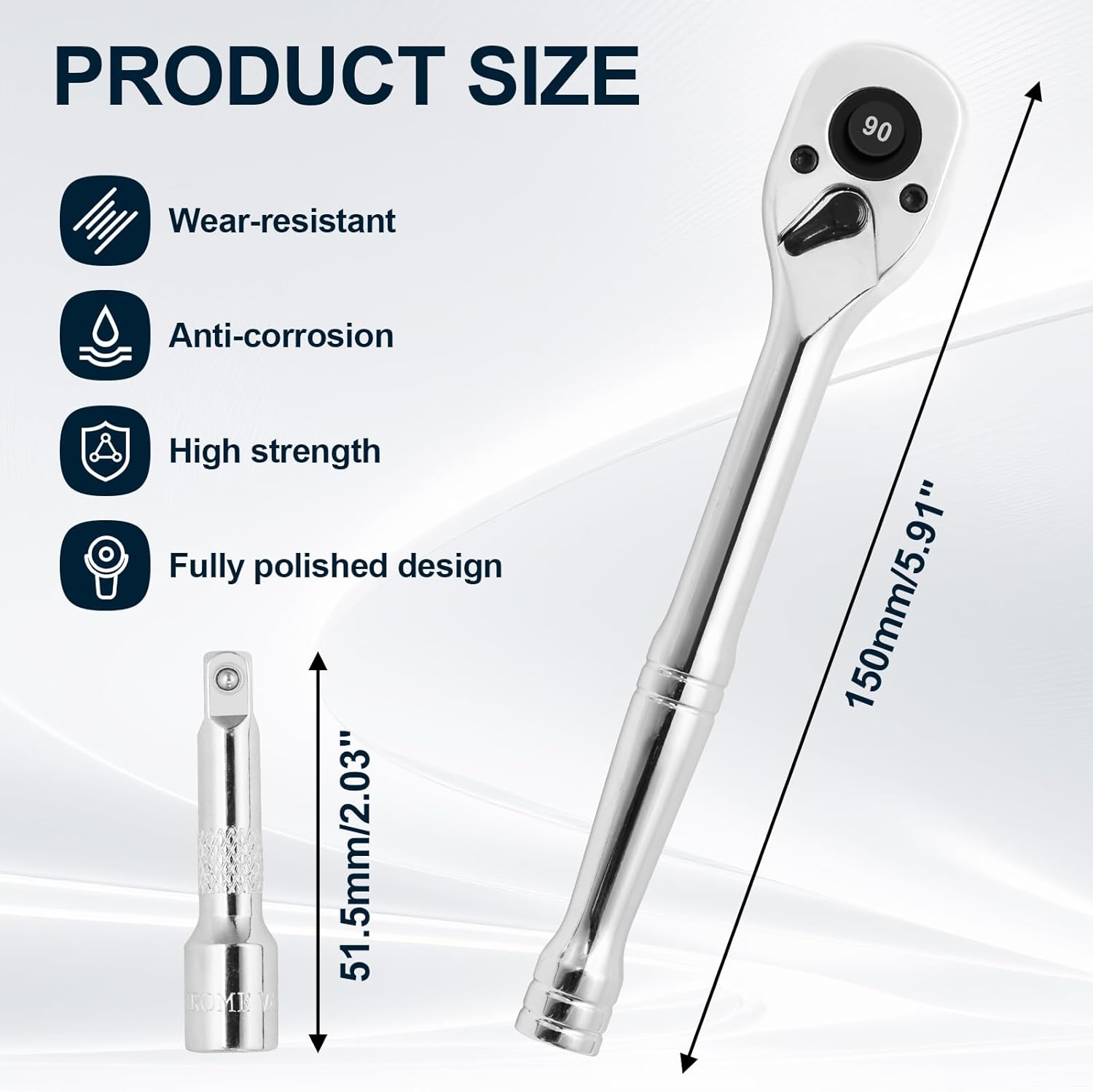 Biaungdo 1/4 Inch Drive Ratchet with 2 Inch Extension Bar, 90-Tooth Reversible Quick-release Ratchet Wrench, Chrome Alloy Socket Wrench Set - Image 4