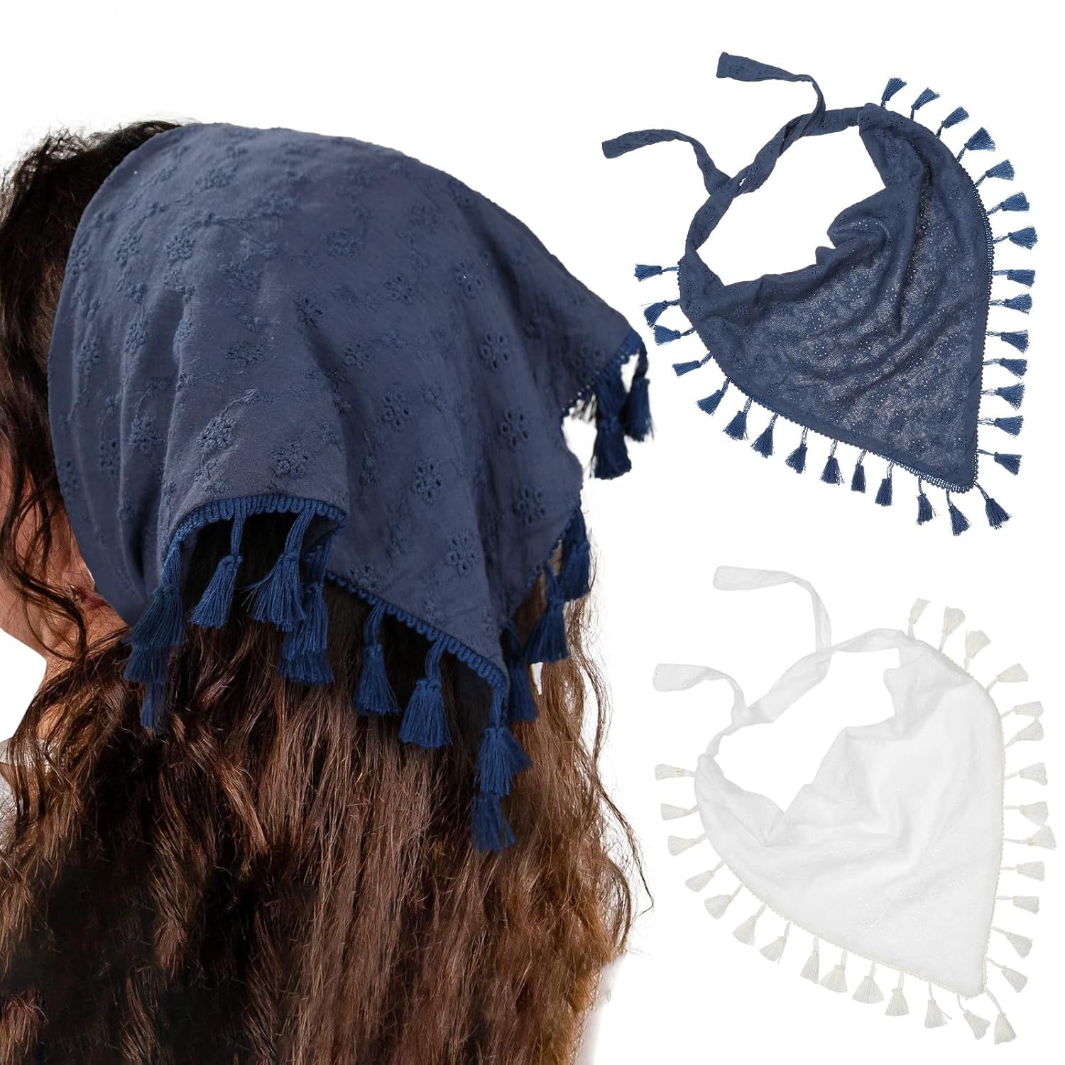 loral Tassels Hair Scar Headband - 2PCS Cotton Hair Bandana Scar With Tassels Tie Back Head Kerchie Headband or Women and Girls (Navy Blue+White) - Image 1
