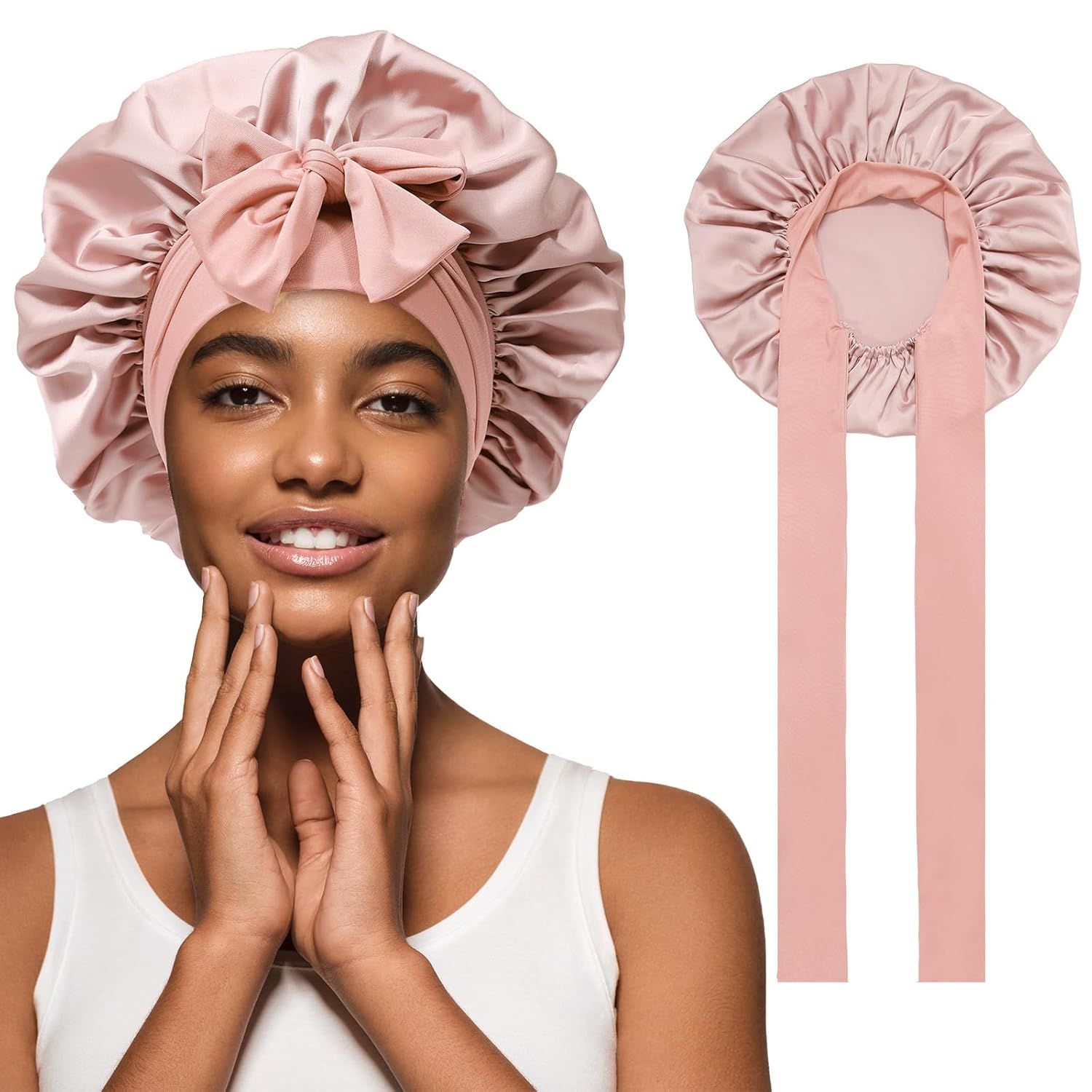 Satin Hair Bonnet with Wide Band Silk Sleeping Bonnets Hair Wrap or Women Girls Night Cap with Tie Band Satin Bonnet (Light Pink) - Image 1