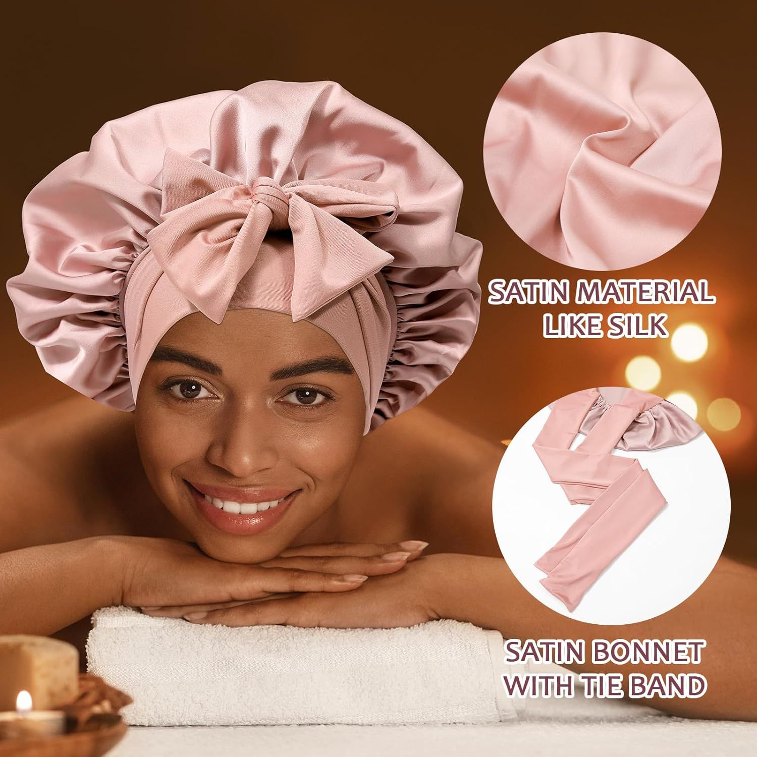 Satin Hair Bonnet with Wide Band Silk Sleeping Bonnets Hair Wrap or Women Girls Night Cap with Tie Band Satin Bonnet (Light Pink) - Image 2