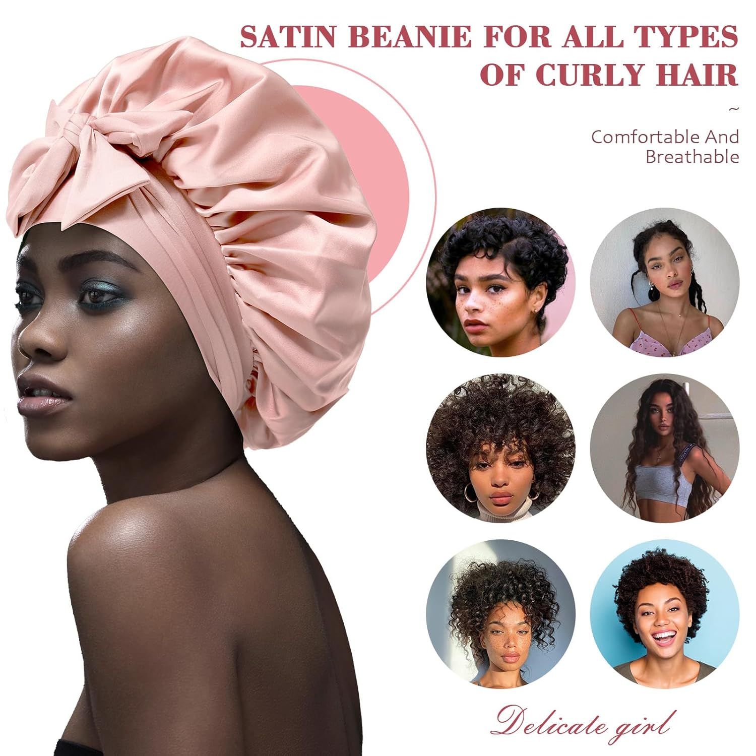 Satin Hair Bonnet with Wide Band Silk Sleeping Bonnets Hair Wrap or Women Girls Night Cap with Tie Band Satin Bonnet (Light Pink) - Image 3