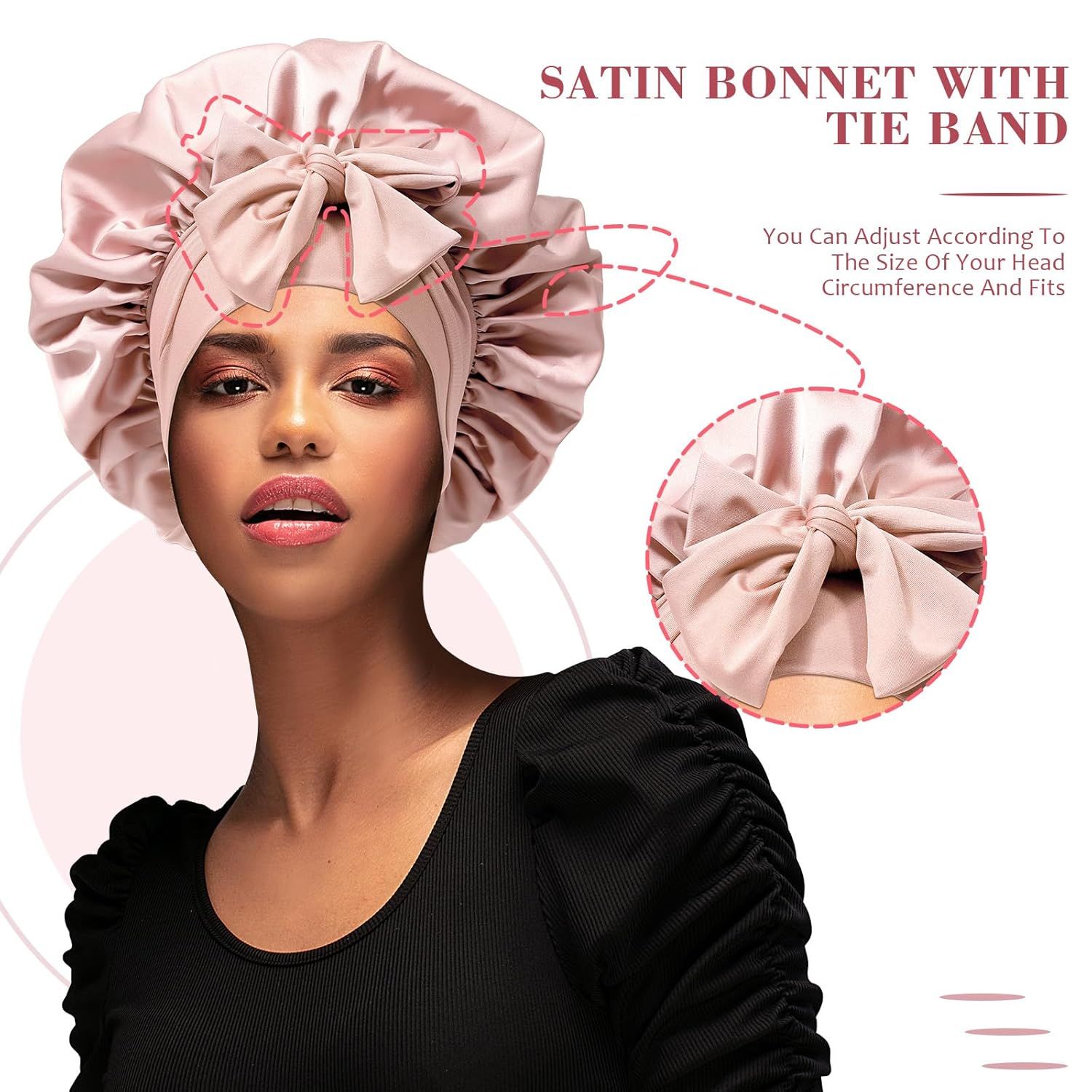 Satin Hair Bonnet with Wide Band Silk Sleeping Bonnets Hair Wrap or Women Girls Night Cap with Tie Band Satin Bonnet (Light Pink) - Image 4