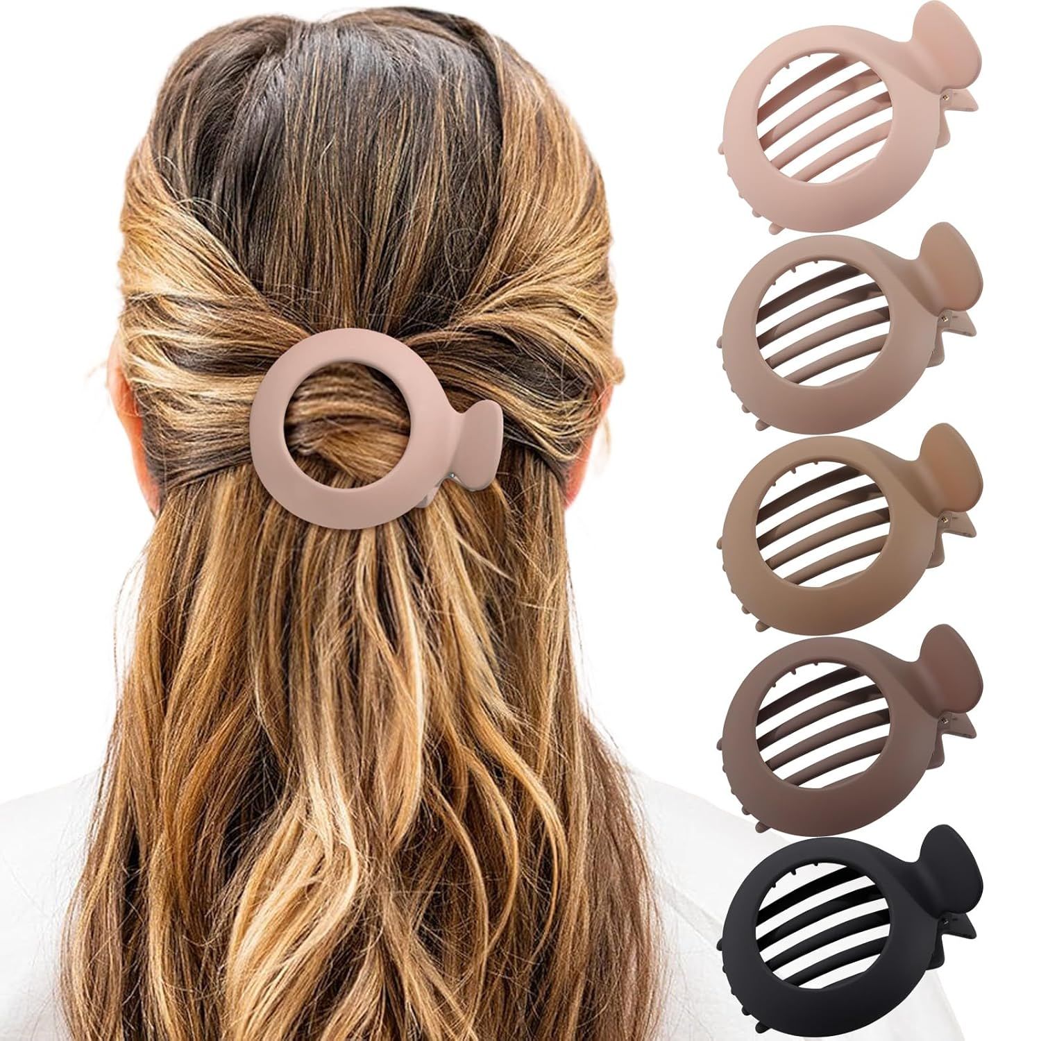 5Pcs lat Claw Hair Clips or Women with Thin & Thick hair, Non-slip Round Jaw Clamp or Lying Down Hollow Hairpin Clips (Matte Neutral, S or Thin Hair(L:3
