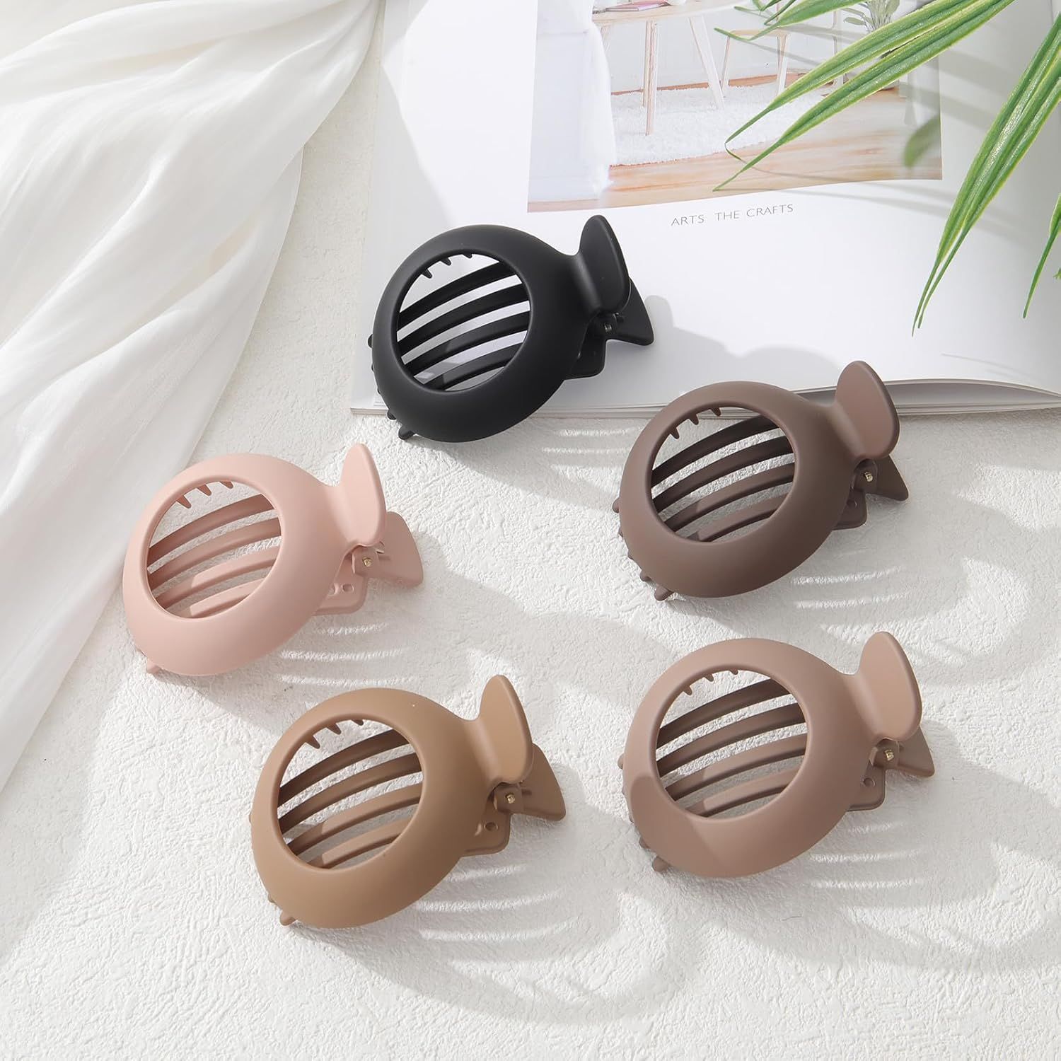 5Pcs lat Claw Hair Clips or Women with Thin & Thick hair, Non-slip Round Jaw Clamp or Lying Down Hollow Hairpin Clips (Matte Neutral, S or Thin Hair(L:3