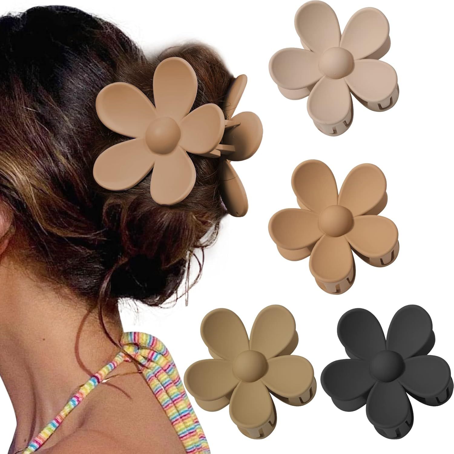 Cute Hair Claw Clips Set - 4Pcs Nonslip Strong Hold 3 Inch Matte Small lower Clips or Women and Girls (Beige, Khaki, Brown, Black) - Image 1