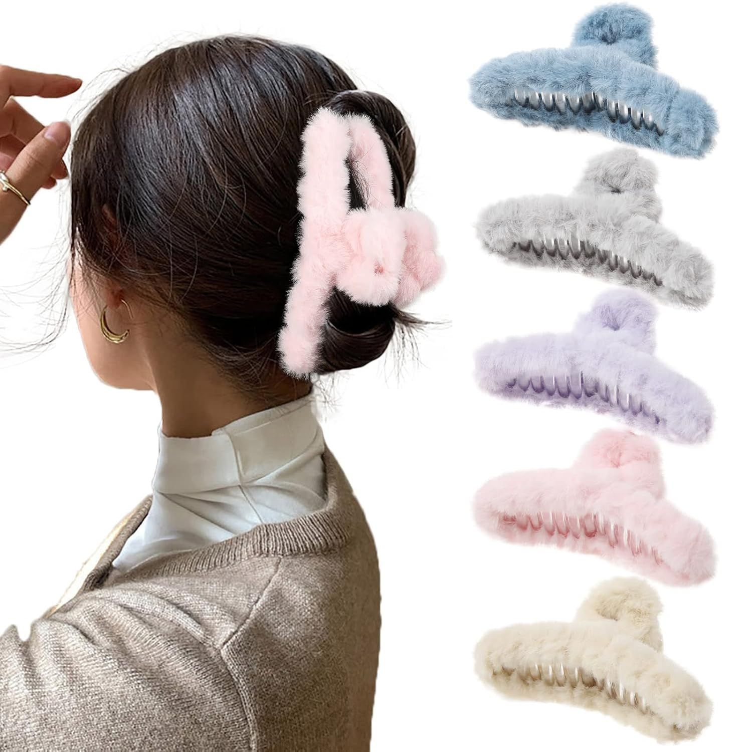 5PCS Large Claw Hair Clips or Thick Hair Big uzzy Hair Clips or Women Nonslip Strong Hold Hair Claw Clip (Plush (Blue+Grey+Pink+Purple+Beige)) - Image 1