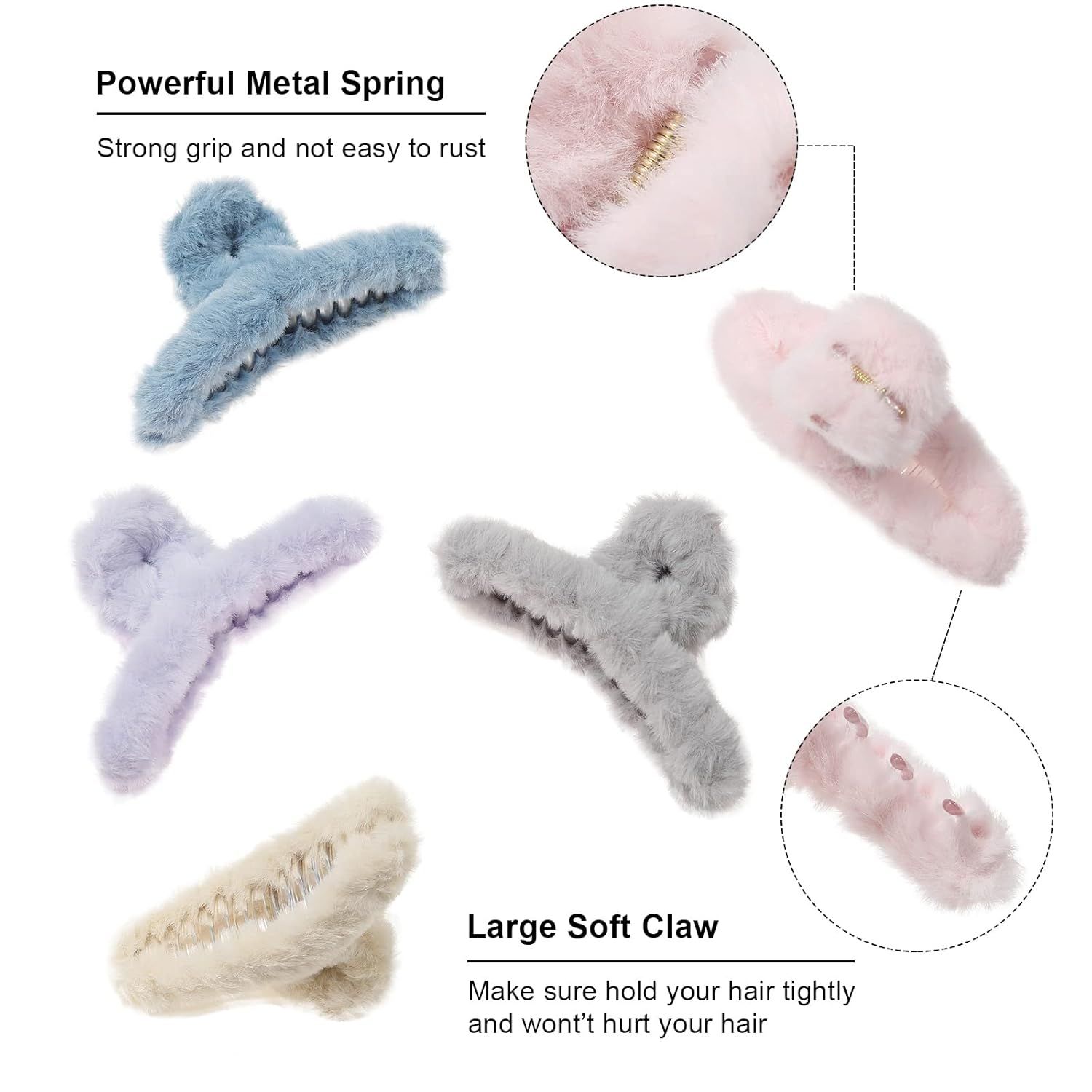 5PCS Large Claw Hair Clips or Thick Hair Big uzzy Hair Clips or Women Nonslip Strong Hold Hair Claw Clip (Plush (Blue+Grey+Pink+Purple+Beige)) - Image 3