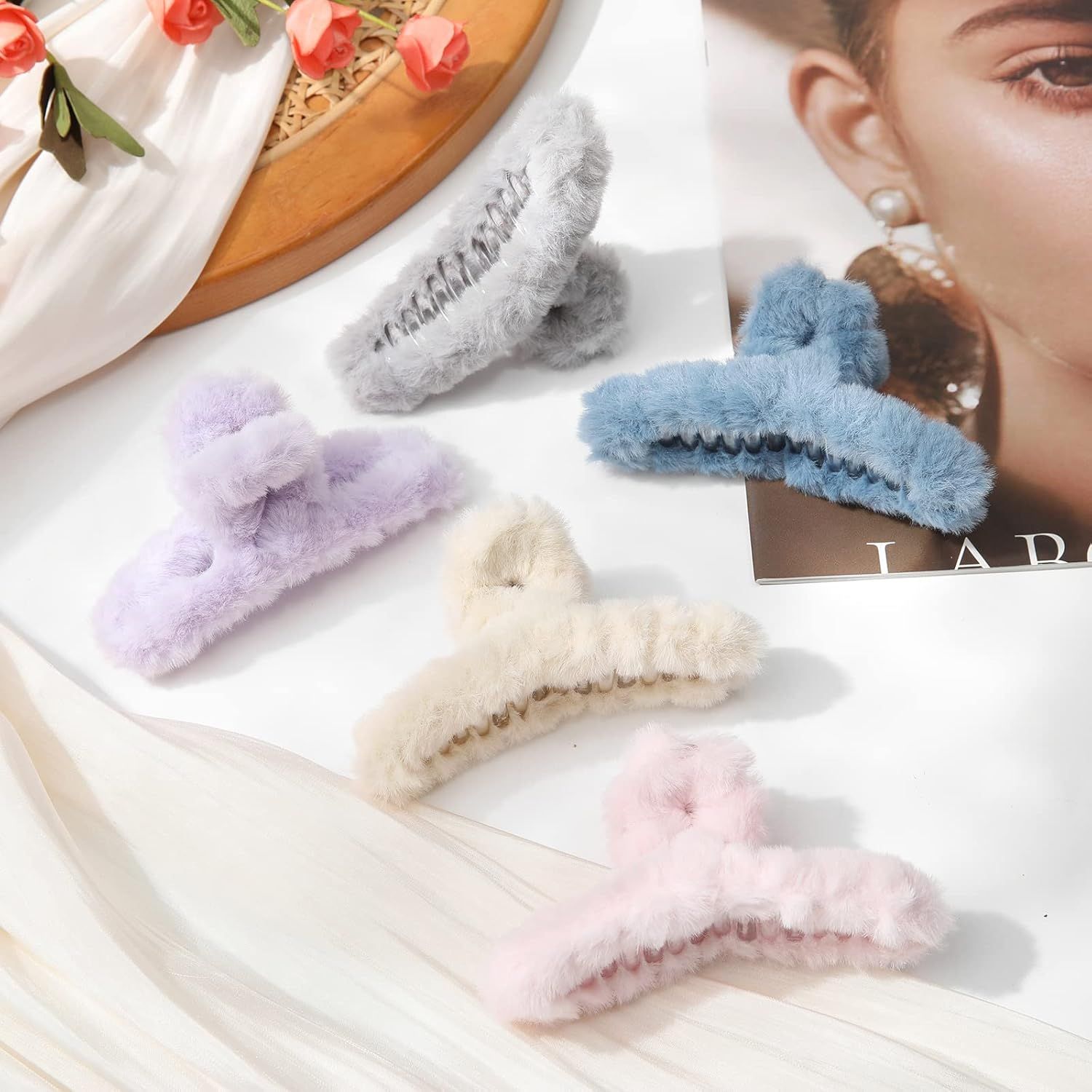 5PCS Large Claw Hair Clips or Thick Hair Big uzzy Hair Clips or Women Nonslip Strong Hold Hair Claw Clip (Plush (Blue+Grey+Pink+Purple+Beige)) - Image 7