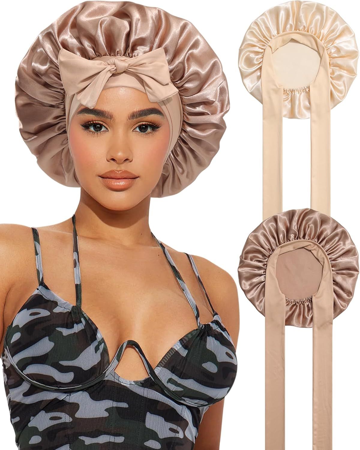 2PCS Satin Bonnets Silk Bonnet or Sleeping Women Curly Hair Bonnet with Tie Band Bonnets Sleep Cap - Image 1