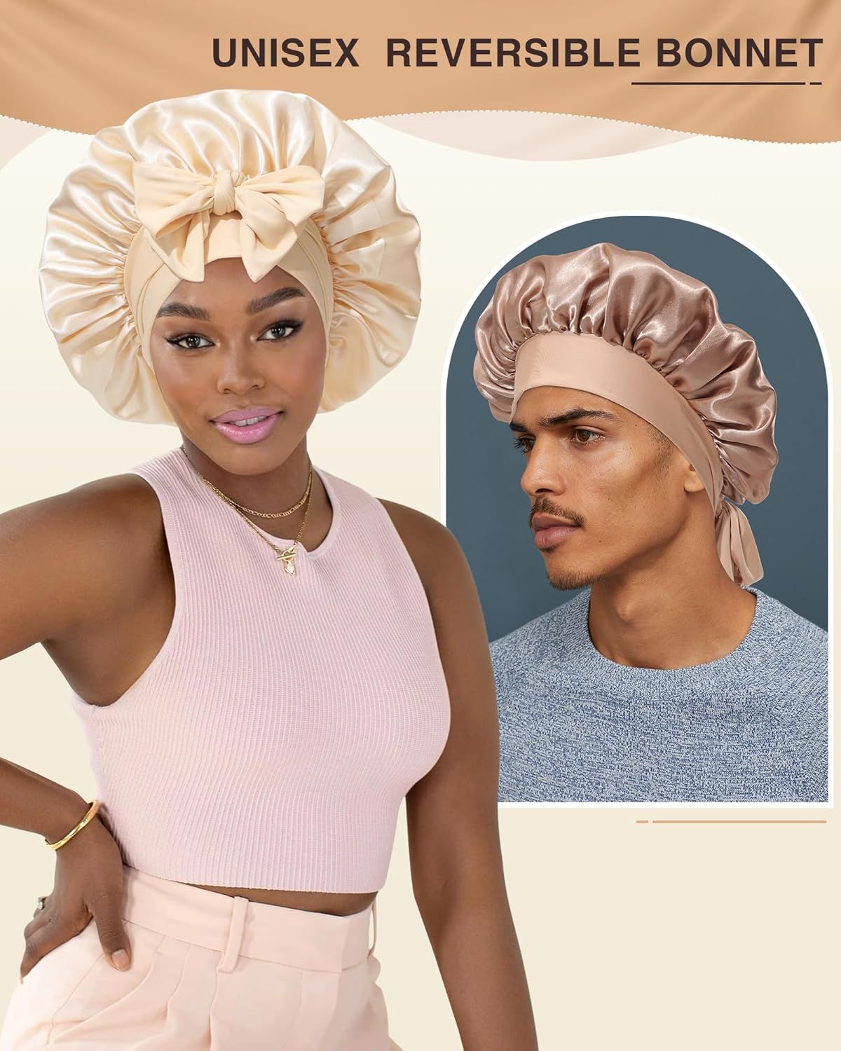 2PCS Satin Bonnets Silk Bonnet or Sleeping Women Curly Hair Bonnet with Tie Band Bonnets Sleep Cap - Image 3