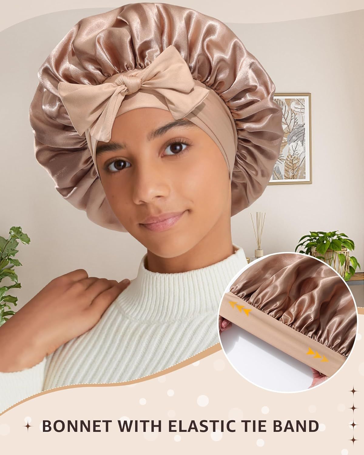 2PCS Satin Bonnets Silk Bonnet or Sleeping Women Curly Hair Bonnet with Tie Band Bonnets Sleep Cap - Image 5