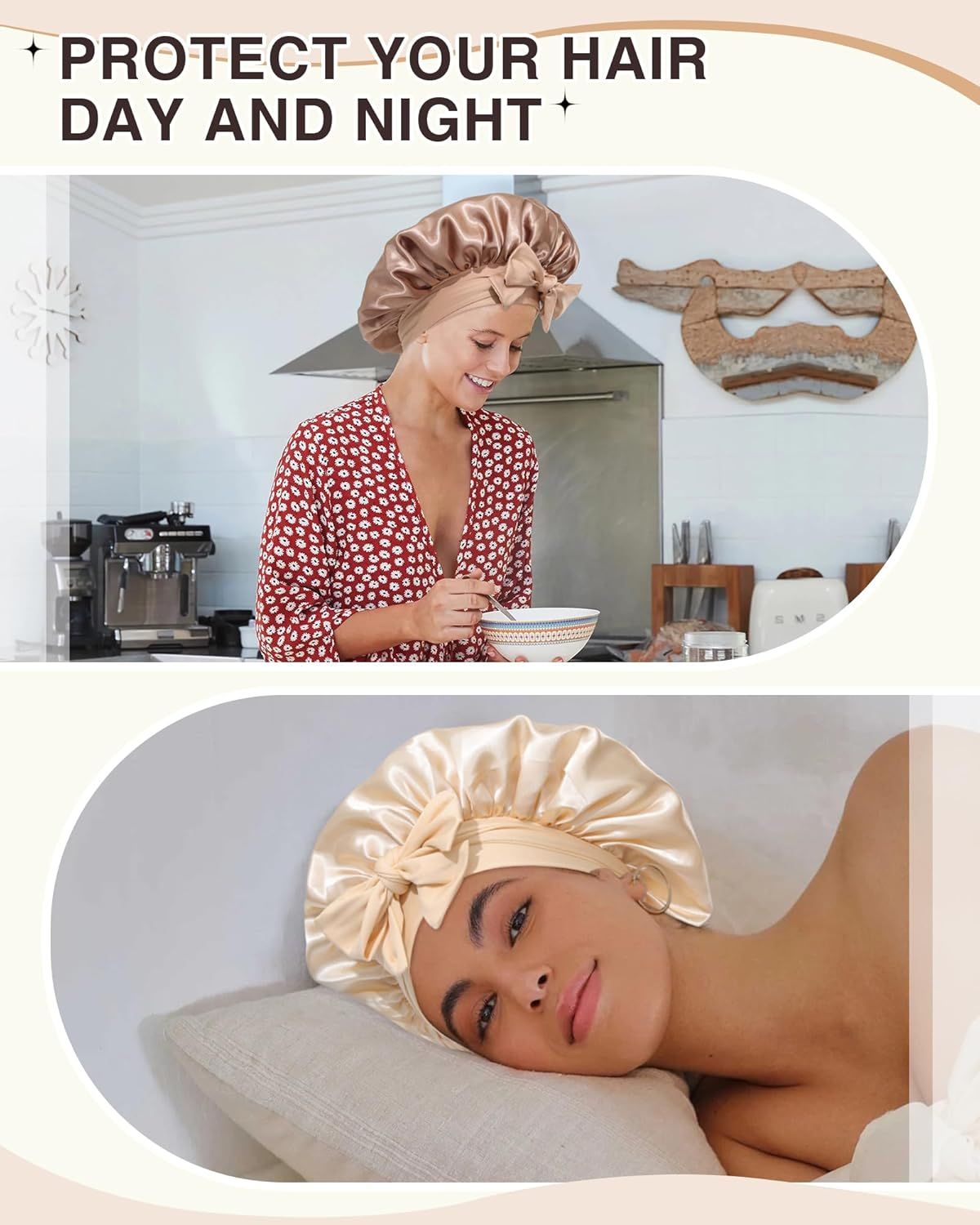 2PCS Satin Bonnets Silk Bonnet or Sleeping Women Curly Hair Bonnet with Tie Band Bonnets Sleep Cap - Image 6
