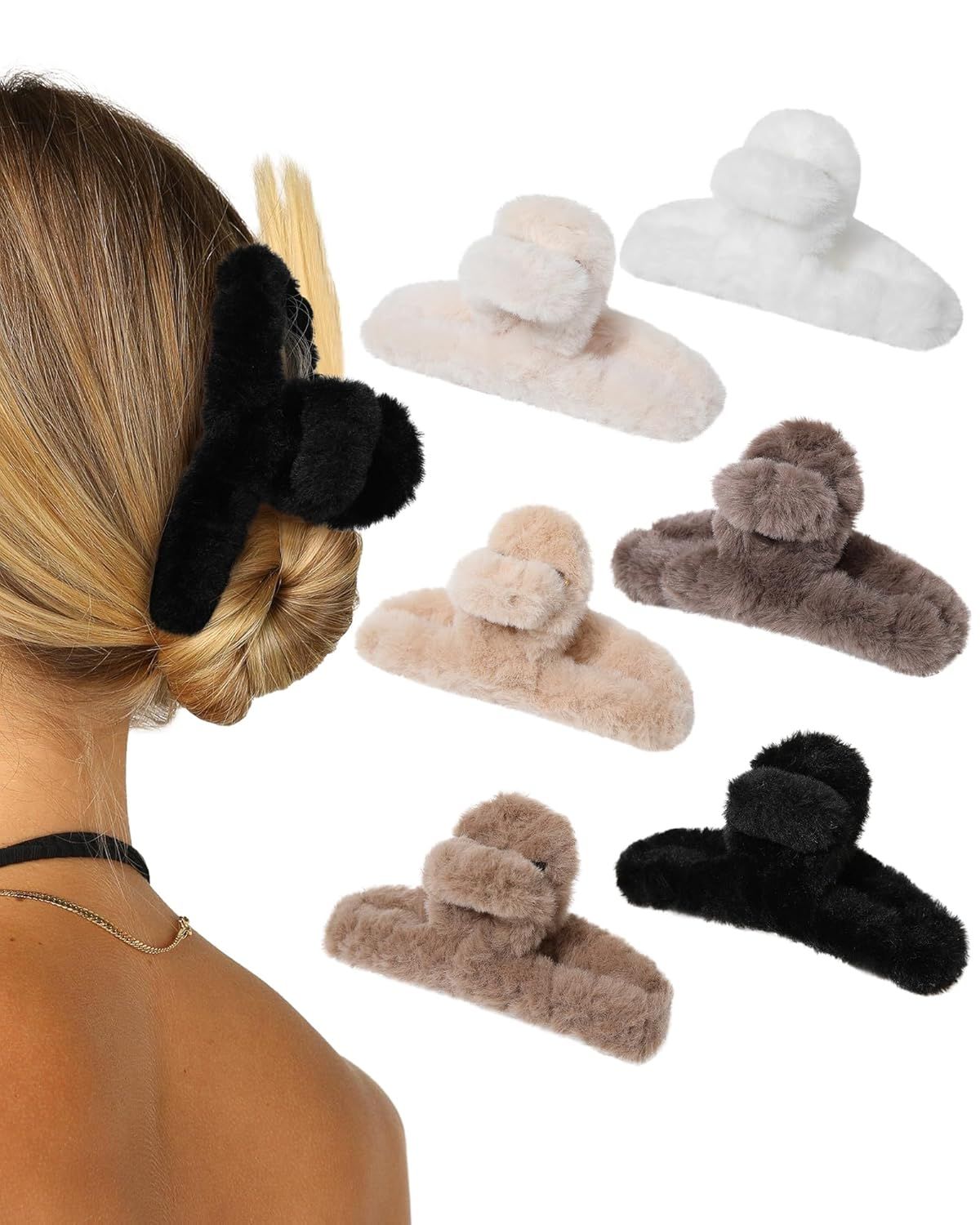 Plush Clip - Hair Clip, 6 Pcs Rectangular Cute Hair Clips or Women, Large Hair Barrettes or Thick Hair, Non Slip Hair Jaw Clips or Girls, Camel/Coee/Beige/Khaki/White/Black - Image 1