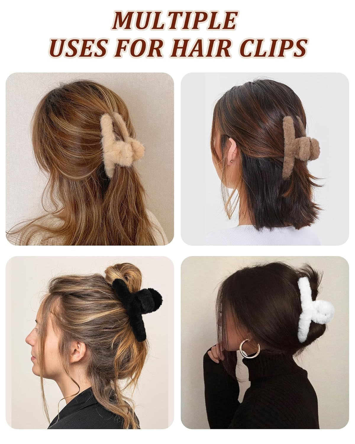 Plush Clip - Hair Clip, 6 Pcs Rectangular Cute Hair Clips or Women, Large Hair Barrettes or Thick Hair, Non Slip Hair Jaw Clips or Girls, Camel/Coee/Beige/Khaki/White/Black - Image 8