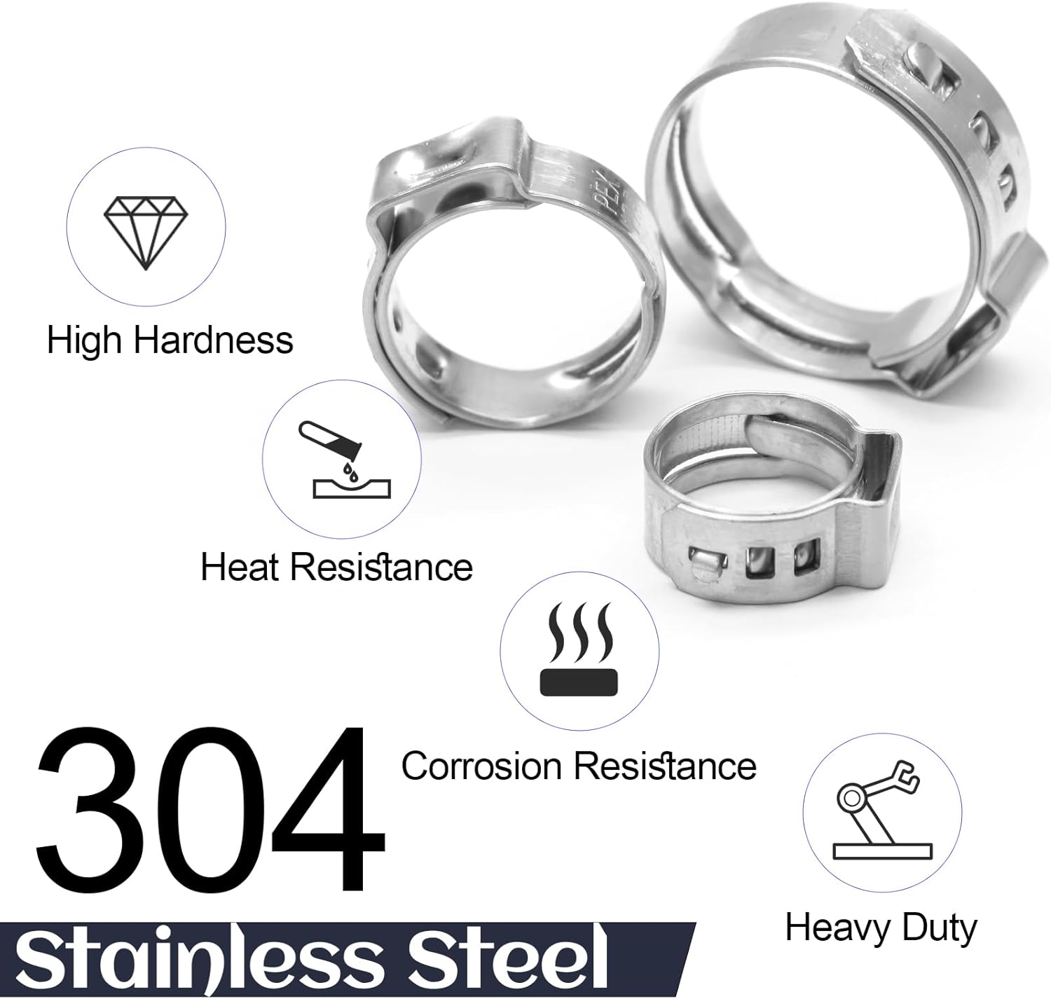 Biaungdo 50 Pcs 3/8 Inch PEX Cinch Clamps Crimp Rings, 304 Stainless Steel PEX Cinch Crimp Rings Pinch Clamps Single Ear Hose Clamp for PEX Tubing Pipe Fittings Connection - Image 2