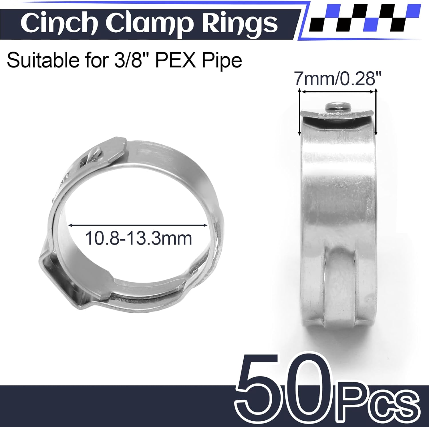 Biaungdo 50 Pcs 3/8 Inch PEX Cinch Clamps Crimp Rings, 304 Stainless Steel PEX Cinch Crimp Rings Pinch Clamps Single Ear Hose Clamp for PEX Tubing Pipe Fittings Connection - Image 4