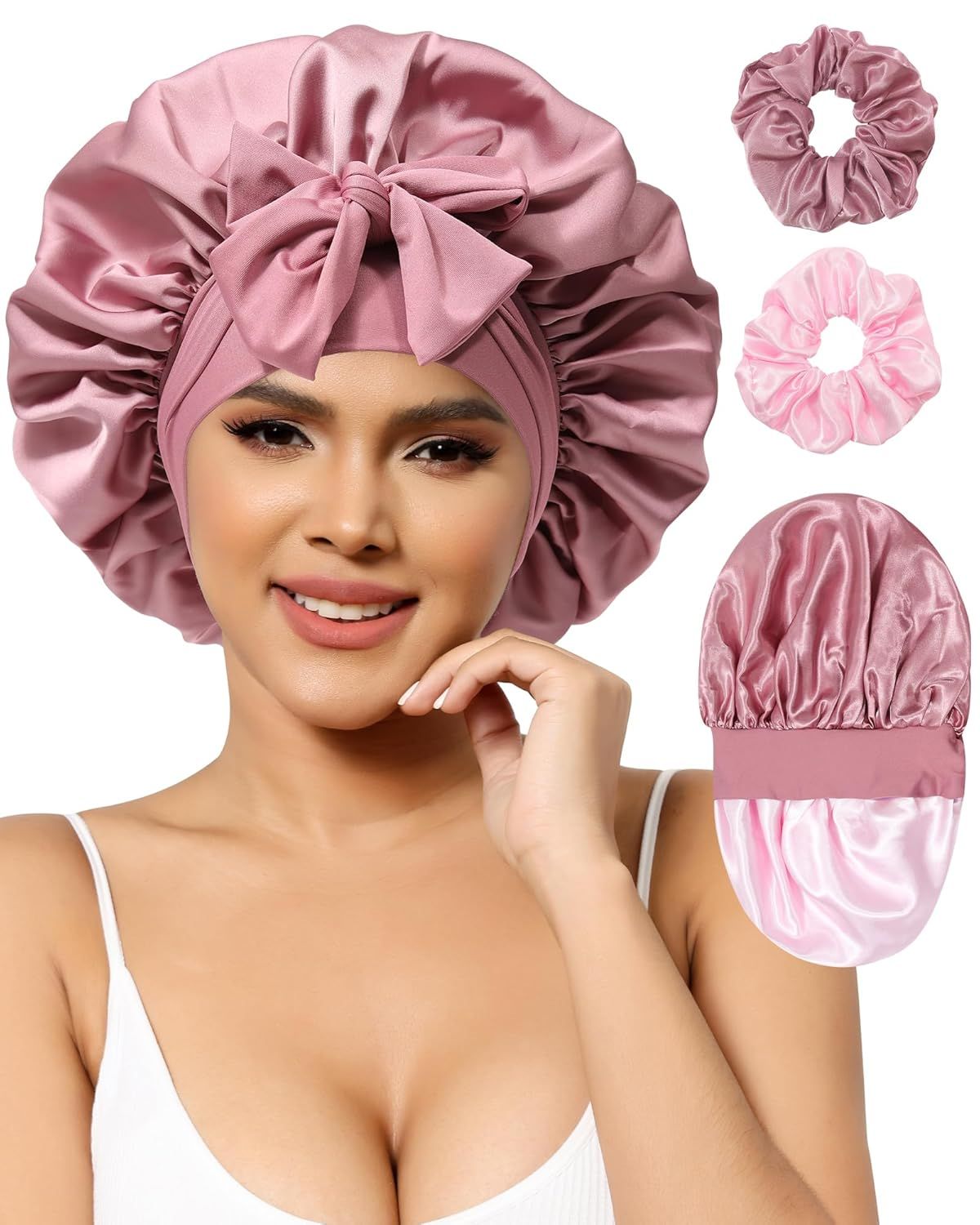 Satin Bonnets Silk Bonnet or Sleeping Women Hair Bonnet or Curly Hair Sleep Cap Reversible Double Layer Bonnets with Tie Band (Bean Paste Pink Bonnet + Satin Scrunchies) - Image 1