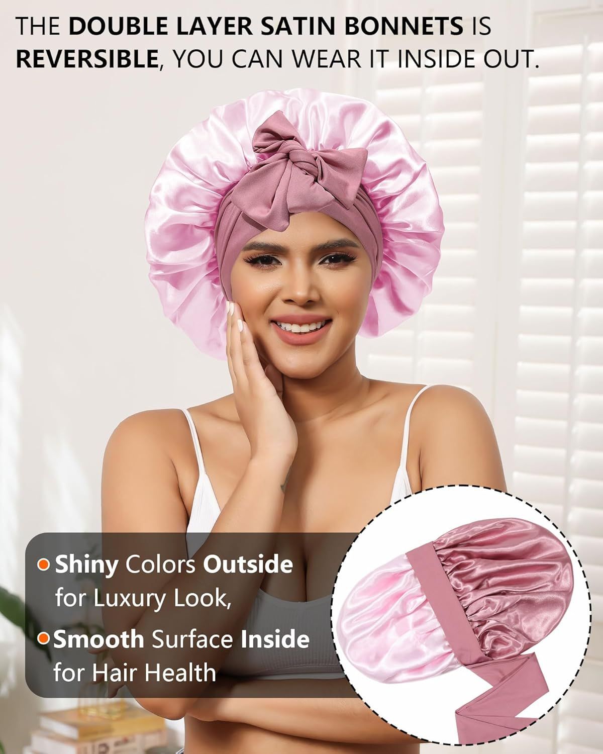 Satin Bonnets Silk Bonnet or Sleeping Women Hair Bonnet or Curly Hair Sleep Cap Reversible Double Layer Bonnets with Tie Band (Bean Paste Pink Bonnet + Satin Scrunchies) - Image 2