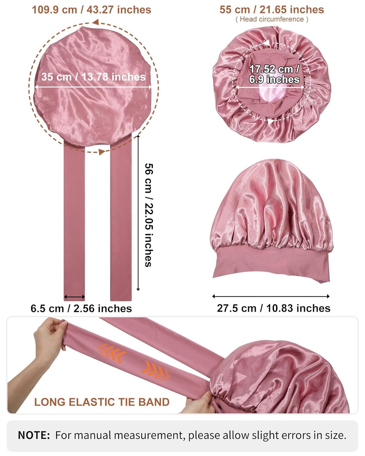 Satin Bonnets Silk Bonnet or Sleeping Women Hair Bonnet or Curly Hair Sleep Cap Reversible Double Layer Bonnets with Tie Band (Bean Paste Pink Bonnet + Satin Scrunchies) - Image 3