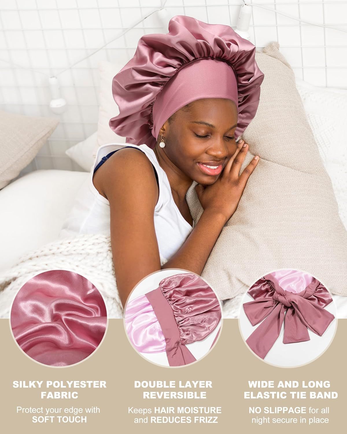 Satin Bonnets Silk Bonnet or Sleeping Women Hair Bonnet or Curly Hair Sleep Cap Reversible Double Layer Bonnets with Tie Band (Bean Paste Pink Bonnet + Satin Scrunchies) - Image 4