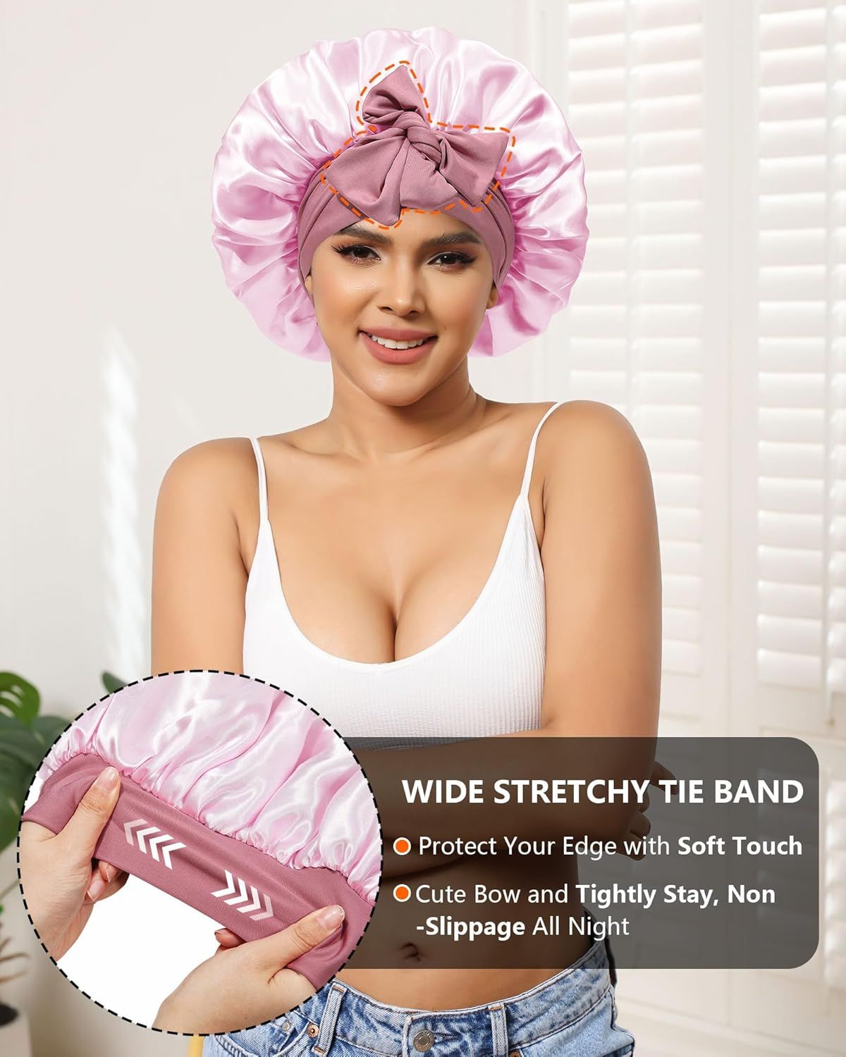 Satin Bonnets Silk Bonnet or Sleeping Women Hair Bonnet or Curly Hair Sleep Cap Reversible Double Layer Bonnets with Tie Band (Bean Paste Pink Bonnet + Satin Scrunchies) - Image 5