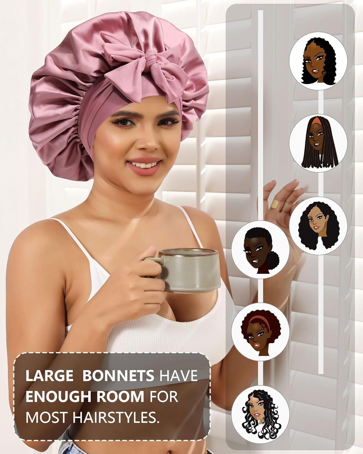 Satin Bonnets Silk Bonnet or Sleeping Women Hair Bonnet or Curly Hair Sleep Cap Reversible Double Layer Bonnets with Tie Band (Bean Paste Pink Bonnet + Satin Scrunchies) - Image 6