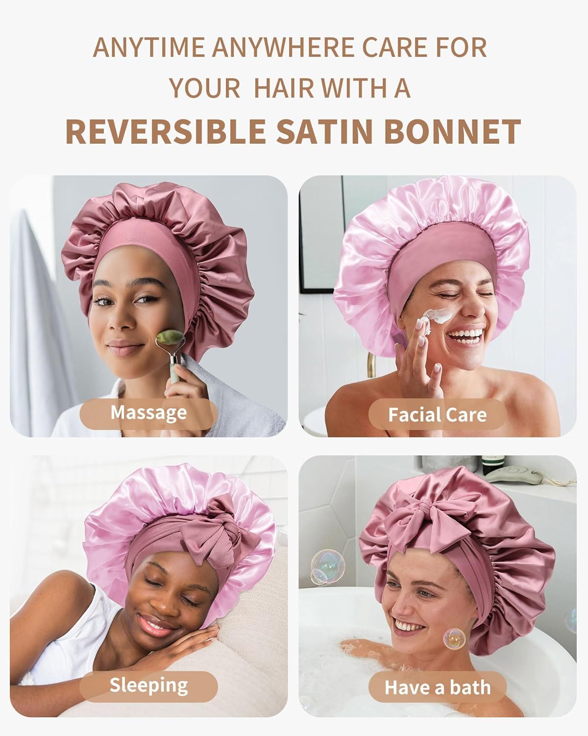 Satin Bonnets Silk Bonnet or Sleeping Women Hair Bonnet or Curly Hair Sleep Cap Reversible Double Layer Bonnets with Tie Band (Bean Paste Pink Bonnet + Satin Scrunchies) - Image 7