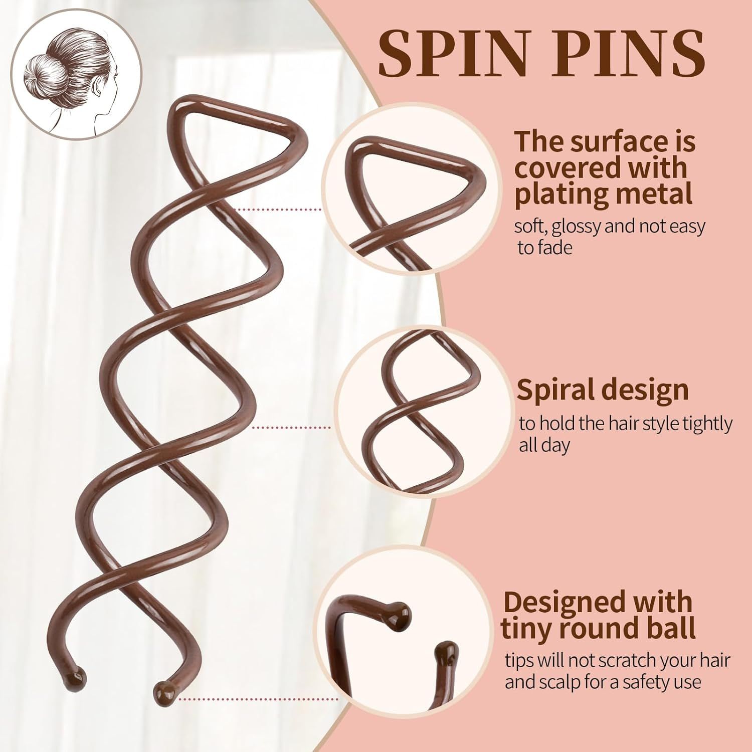 50PC Spiral Hair Pins Set, Spin Pins Spiral Bobby Pins or Girls, Women and Kids, Non-Scratch Round Clip & Bun Twist, Stylish Bun Bobby Pins, Premium Spin Pins or Hair, Brown - Image 3
