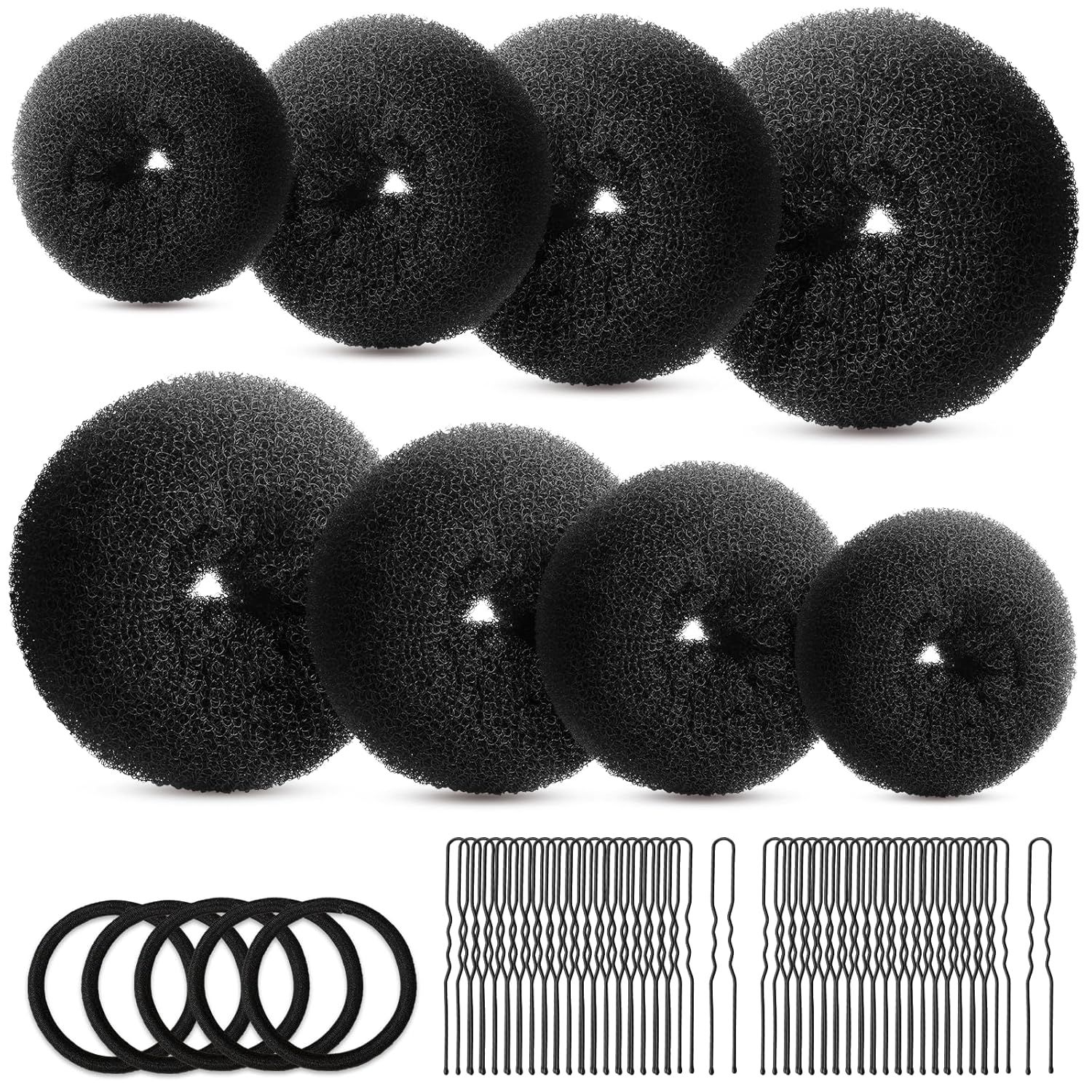 Hair Bun Maker Set- 8 PCS Hair Donuts or Buns (2 Extra-large,2 Large,2 Medium and 2 Small), 40 PCS Bobby Pins, 5 PCS Hair Elastic Ties Black,Bun Maker - Black - Image 1