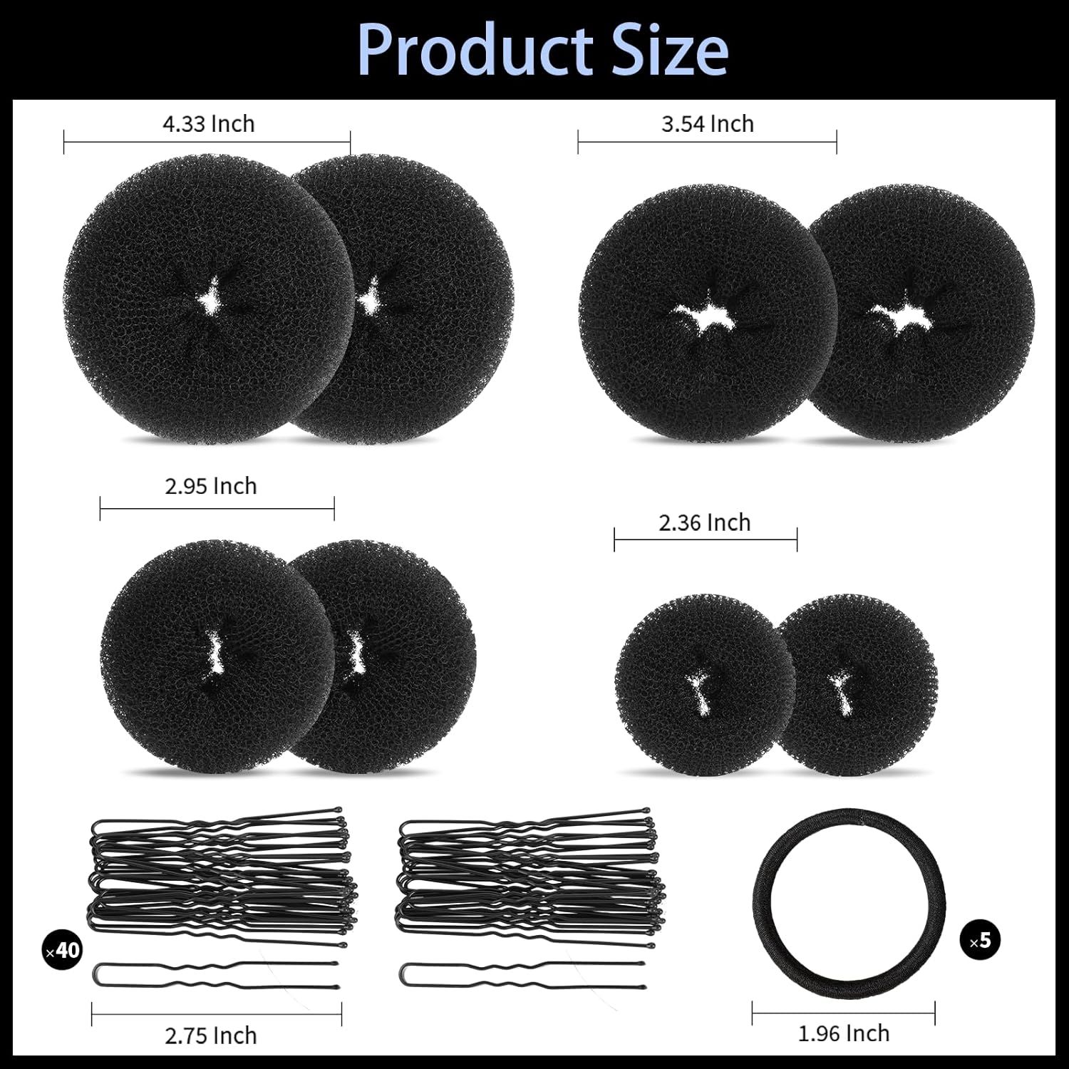 Hair Bun Maker Set- 8 PCS Hair Donuts or Buns (2 Extra-large,2 Large,2 Medium and 2 Small), 40 PCS Bobby Pins, 5 PCS Hair Elastic Ties Black,Bun Maker - Black - Image 2