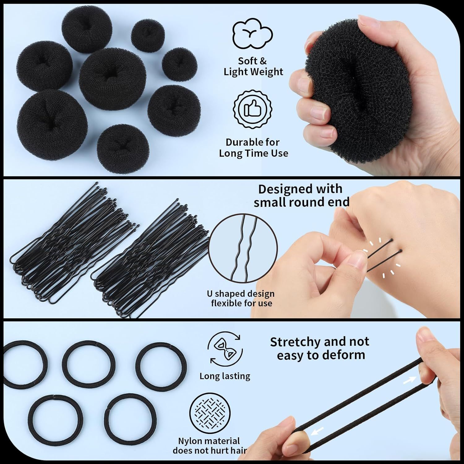 Hair Bun Maker Set- 8 PCS Hair Donuts or Buns (2 Extra-large,2 Large,2 Medium and 2 Small), 40 PCS Bobby Pins, 5 PCS Hair Elastic Ties Black,Bun Maker - Black - Image 3