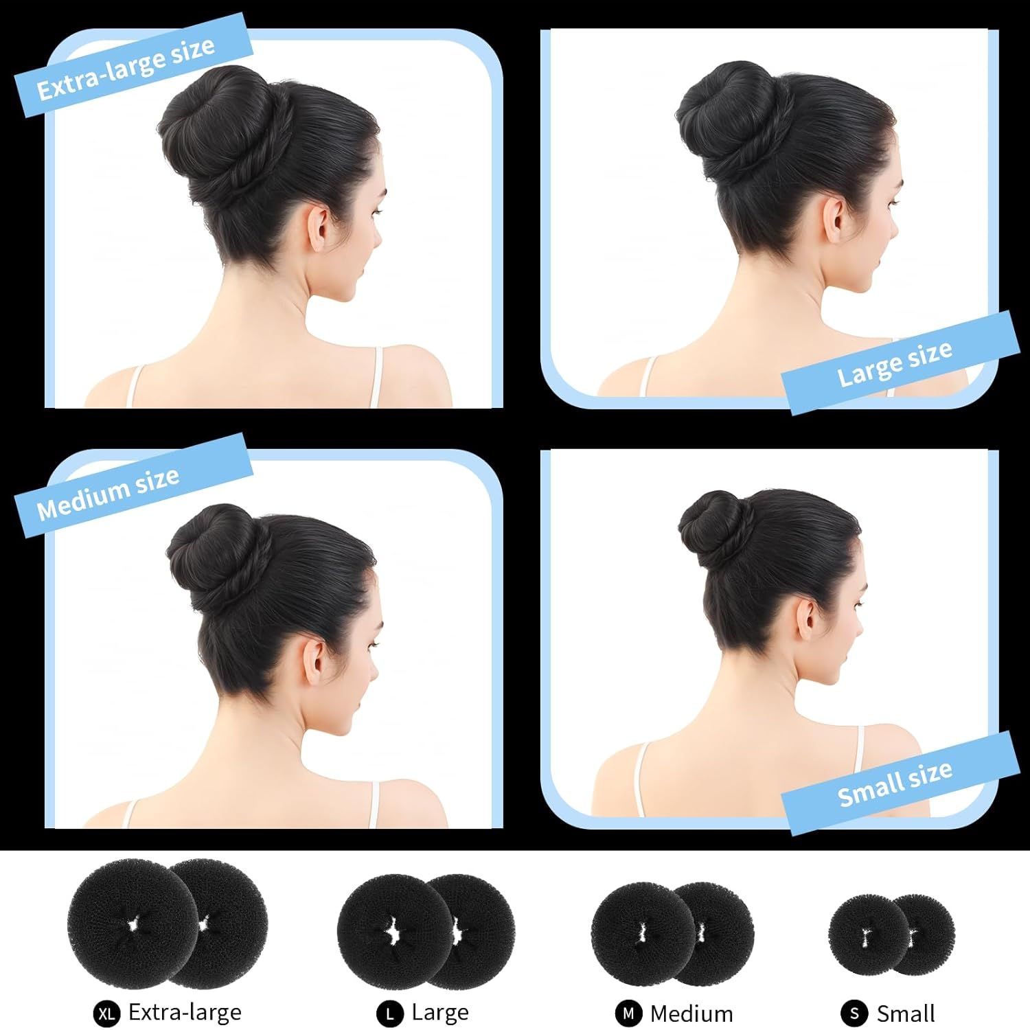 Hair Bun Maker Set- 8 PCS Hair Donuts or Buns (2 Extra-large,2 Large,2 Medium and 2 Small), 40 PCS Bobby Pins, 5 PCS Hair Elastic Ties Black,Bun Maker - Black - Image 4