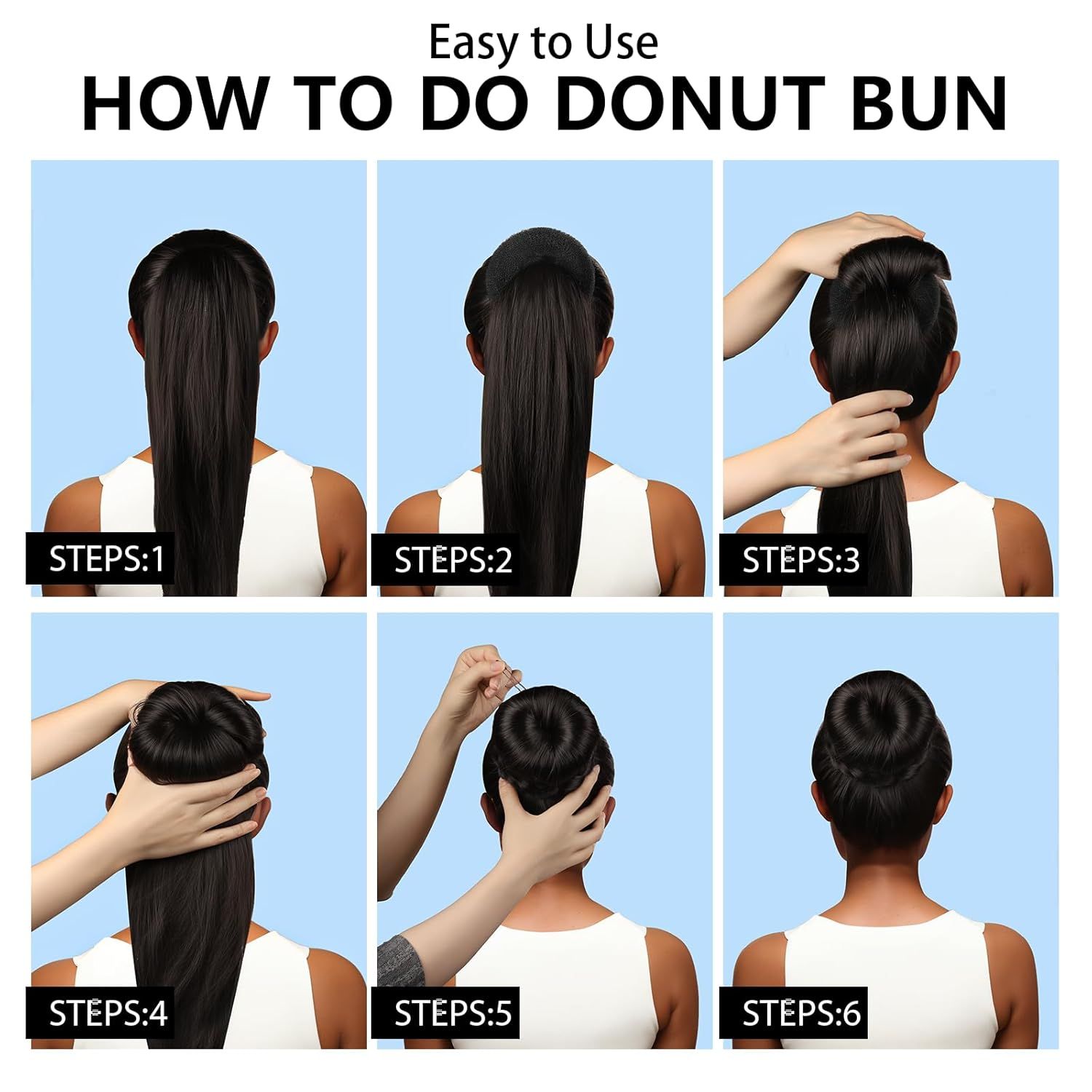 Hair Bun Maker Set- 8 PCS Hair Donuts or Buns (2 Extra-large,2 Large,2 Medium and 2 Small), 40 PCS Bobby Pins, 5 PCS Hair Elastic Ties Black,Bun Maker - Black - Image 5