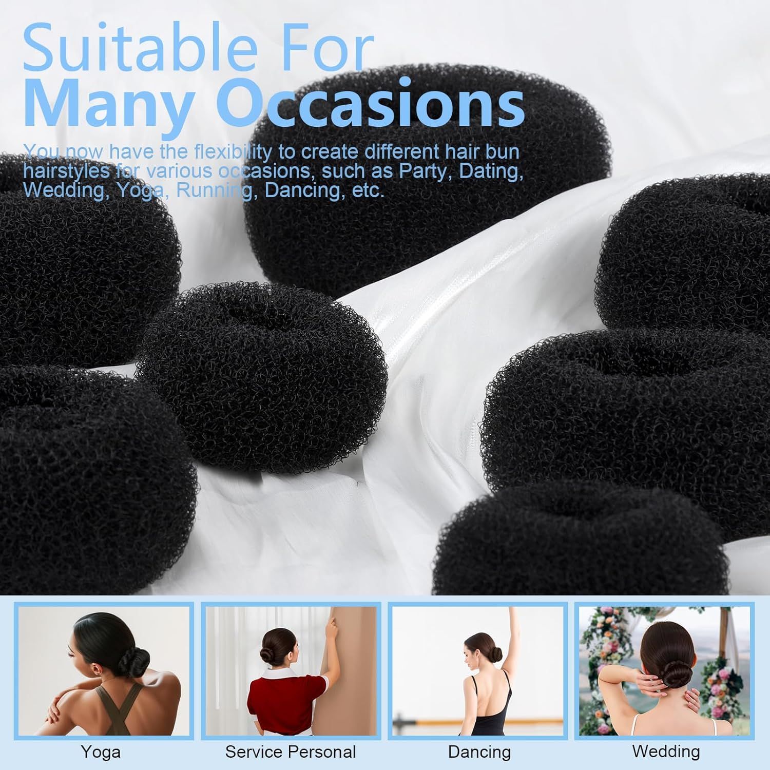 Hair Bun Maker Set- 8 PCS Hair Donuts or Buns (2 Extra-large,2 Large,2 Medium and 2 Small), 40 PCS Bobby Pins, 5 PCS Hair Elastic Ties Black,Bun Maker - Black - Image 6