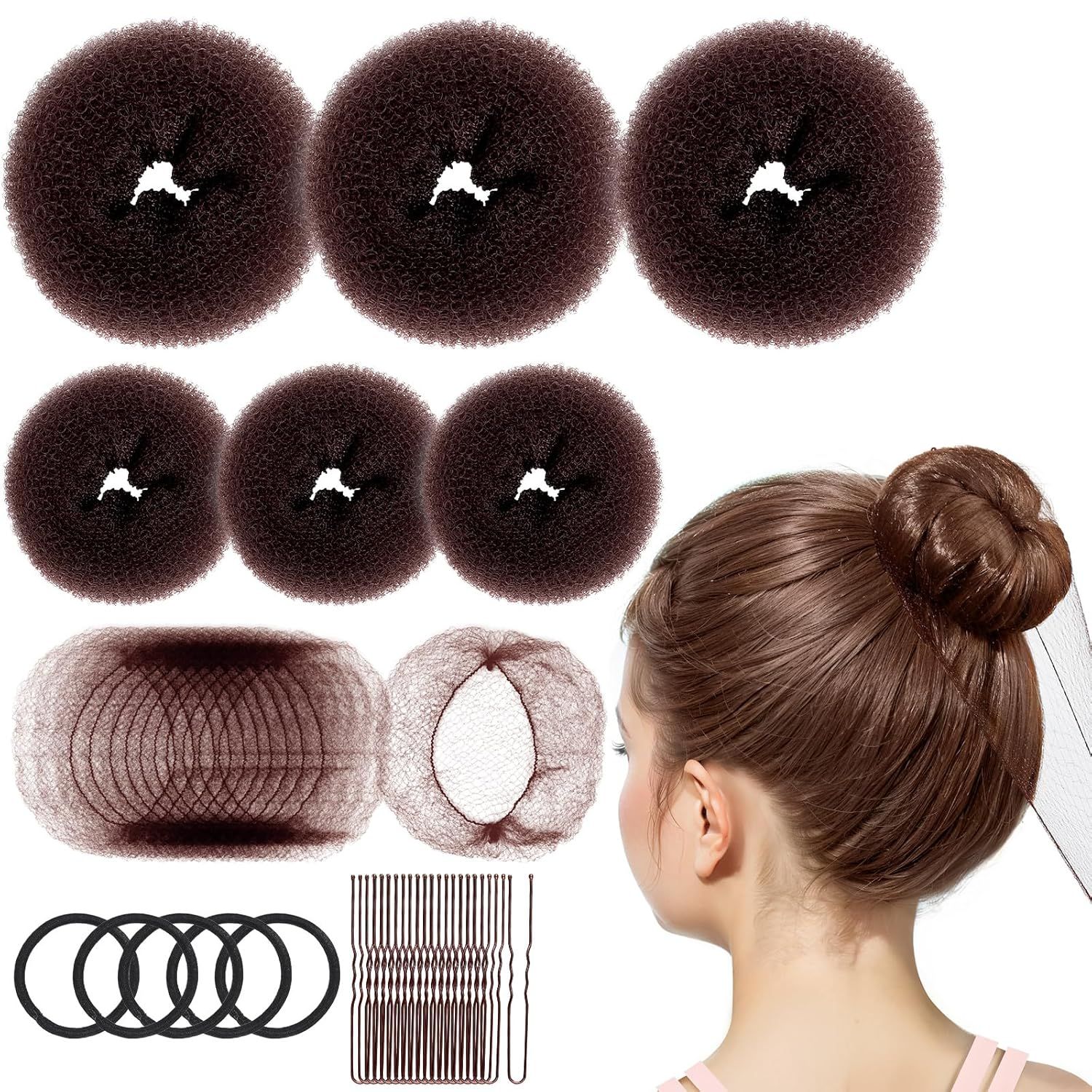 6 PCS Hair Bun Makers or Kids, 10 Invisible Bun Nets or Ballet Girls, 3PCS Extra Small 3PCS Small Donut Buns or Hair Kids, Bun Makers Hair Nets or Buns with 5 Elastics 20 Pins (Brown) - Image 1