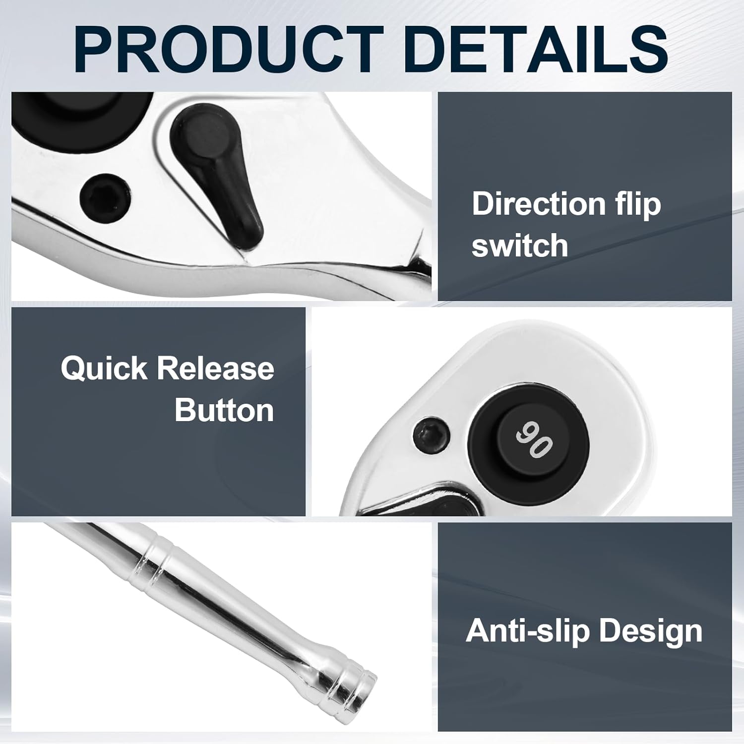 Biaungdo 1/4 Inch Drive Ratchet, 90-Tooth Reversible Quick-release Ratchet Wrench, Chrome Alloy Socket Wrench - Image 2