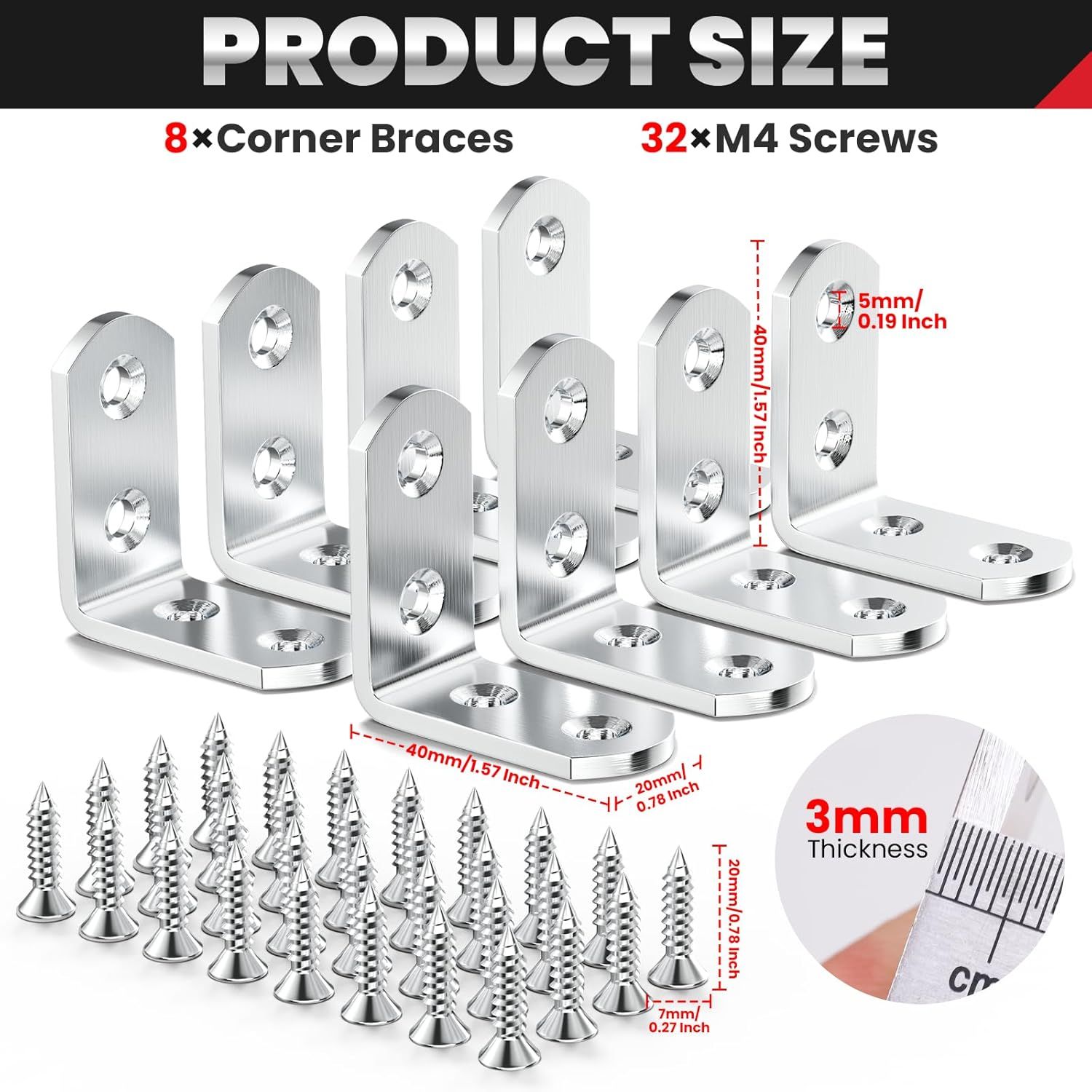 8 PCS Heavy Duty Corner Brace, 40x40mm Stainless Steel Joint Right Angle Brackets with Screws, 90 Degree Wall Brackets Hanger or Shelves, Tables, Dressers, Chairs, Silver - Image 2
