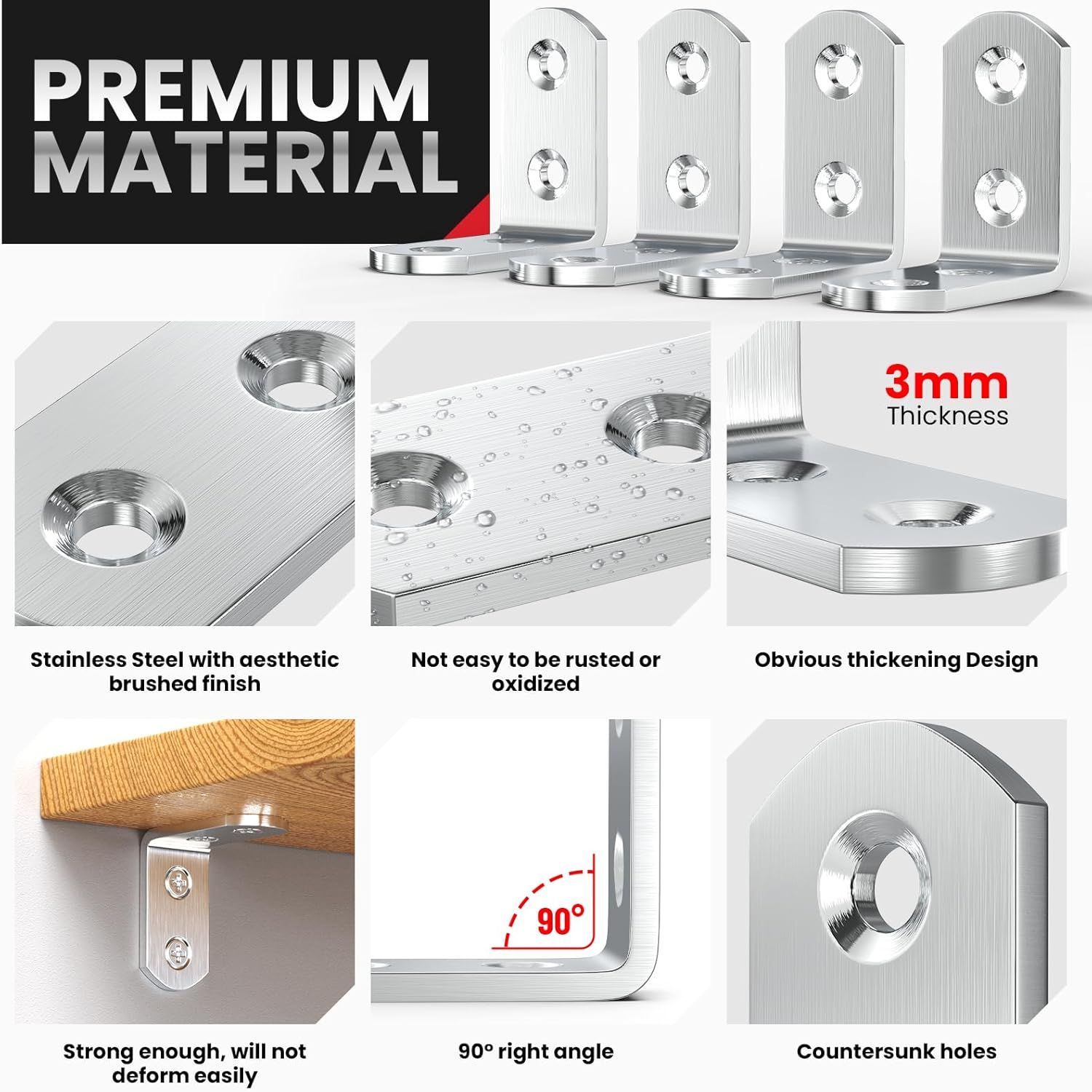 8 PCS Heavy Duty Corner Brace, 40x40mm Stainless Steel Joint Right Angle Brackets with Screws, 90 Degree Wall Brackets Hanger or Shelves, Tables, Dressers, Chairs, Silver - Image 4
